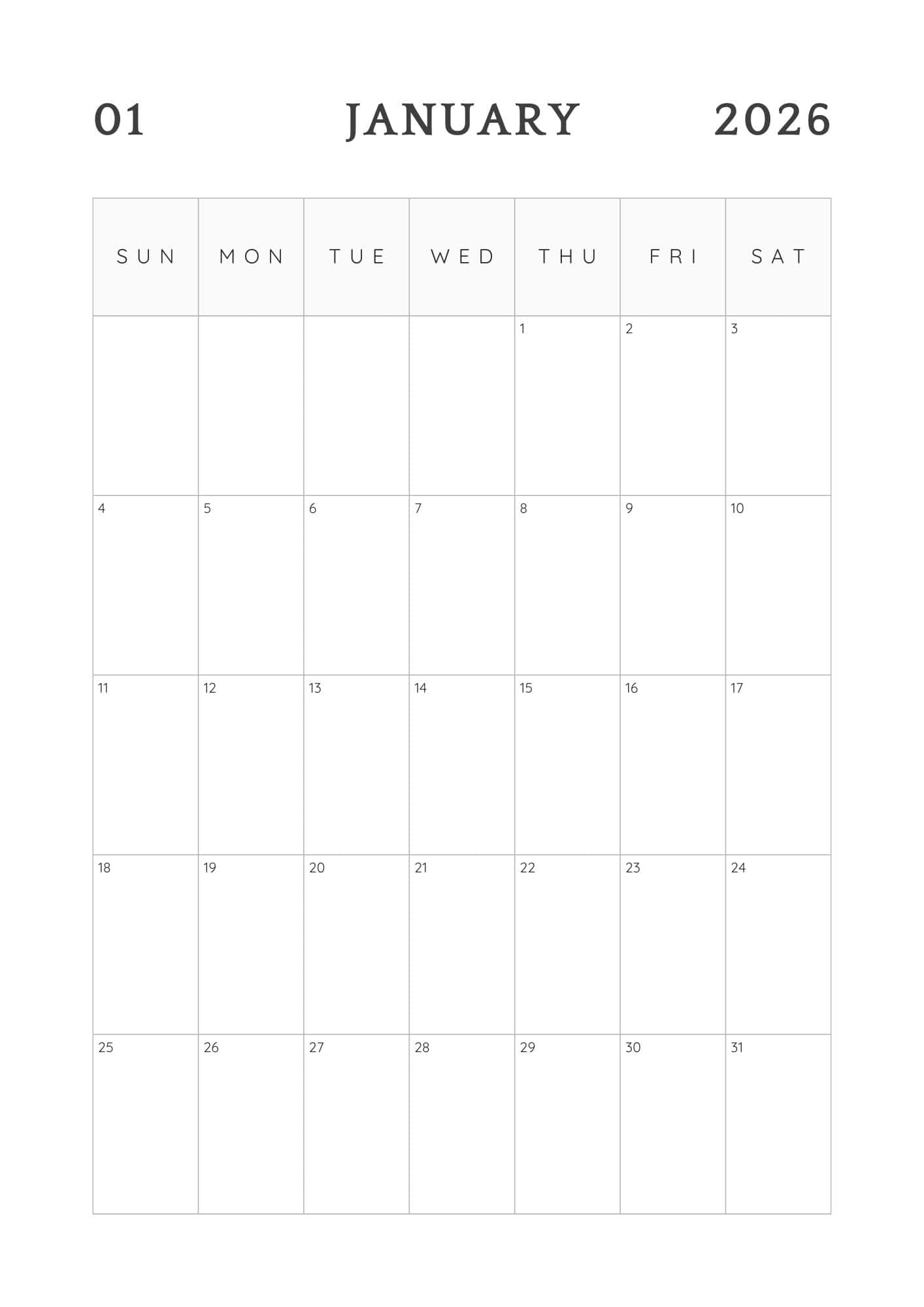 Minimalist Sunday start blank January 2026 calendar.