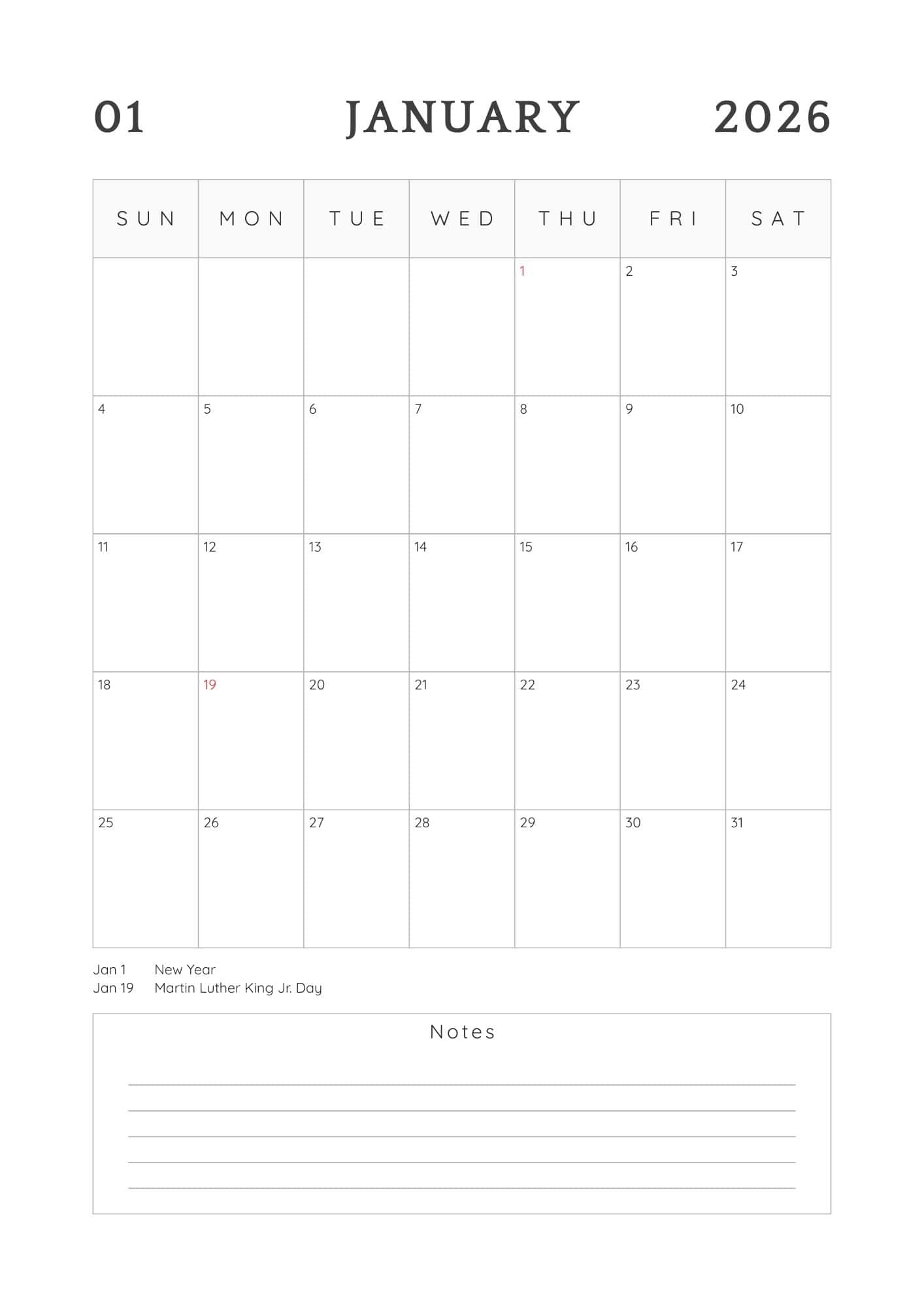 Minimalist Sunday start January 2026 calendar with holidays and notes.