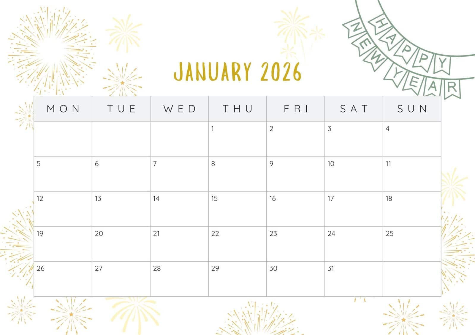 January 2026 blank calendar.