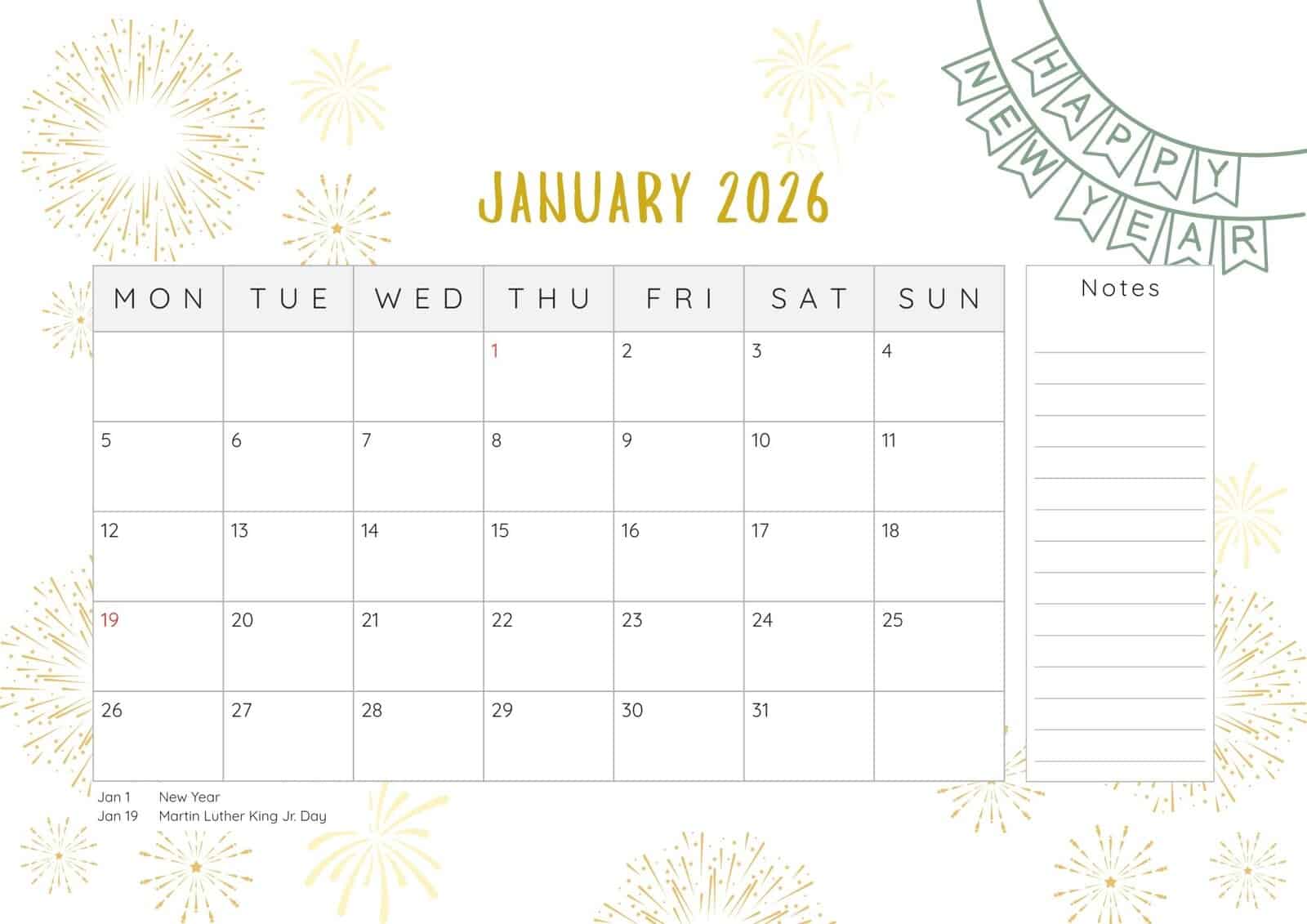 January 2026 printable calendar with notes and holidays.