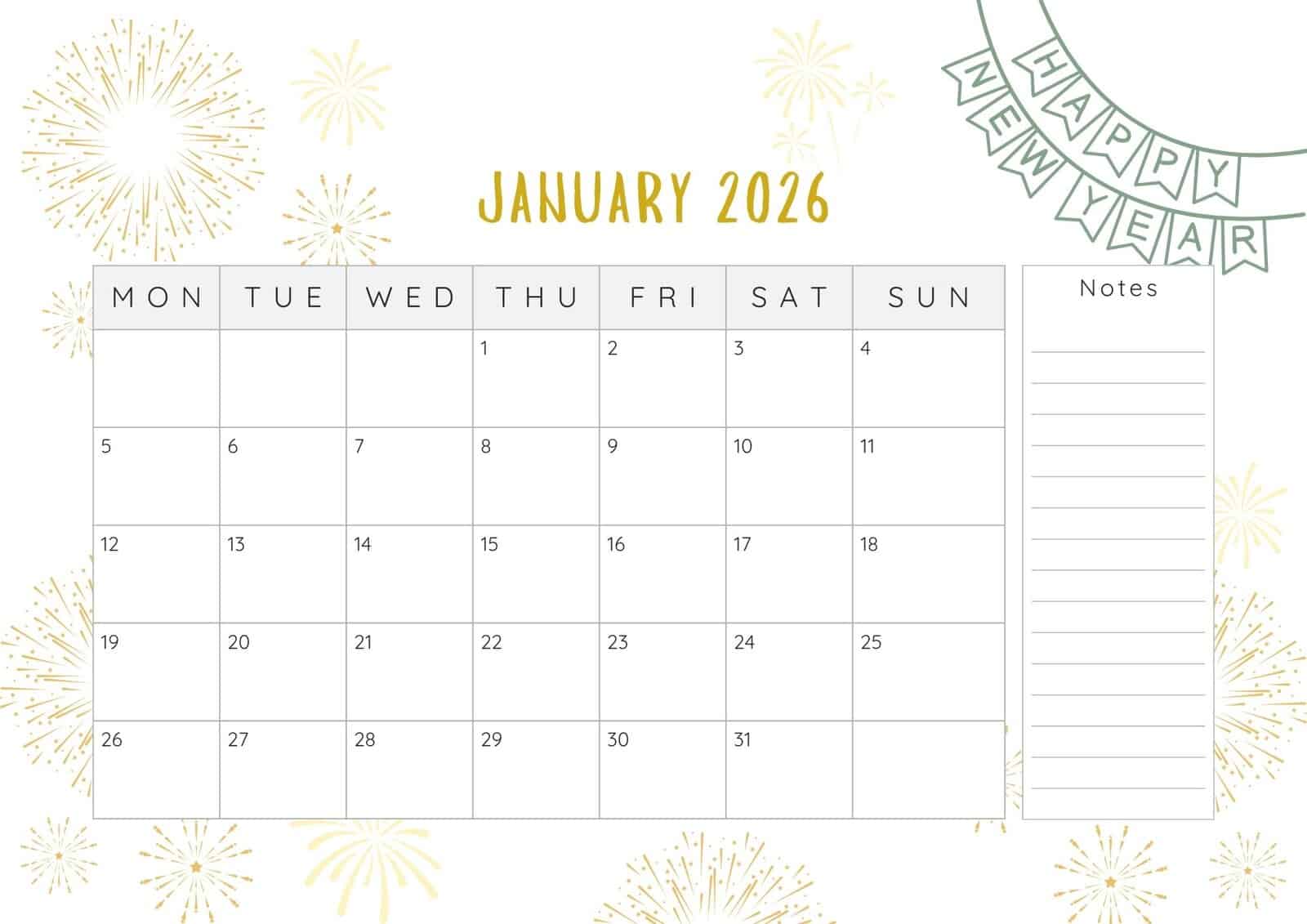 January 2026 printable calendar with notes.