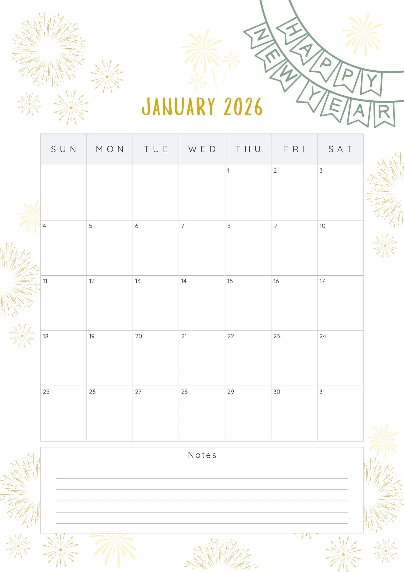 January 2026 printable calendar with notes.