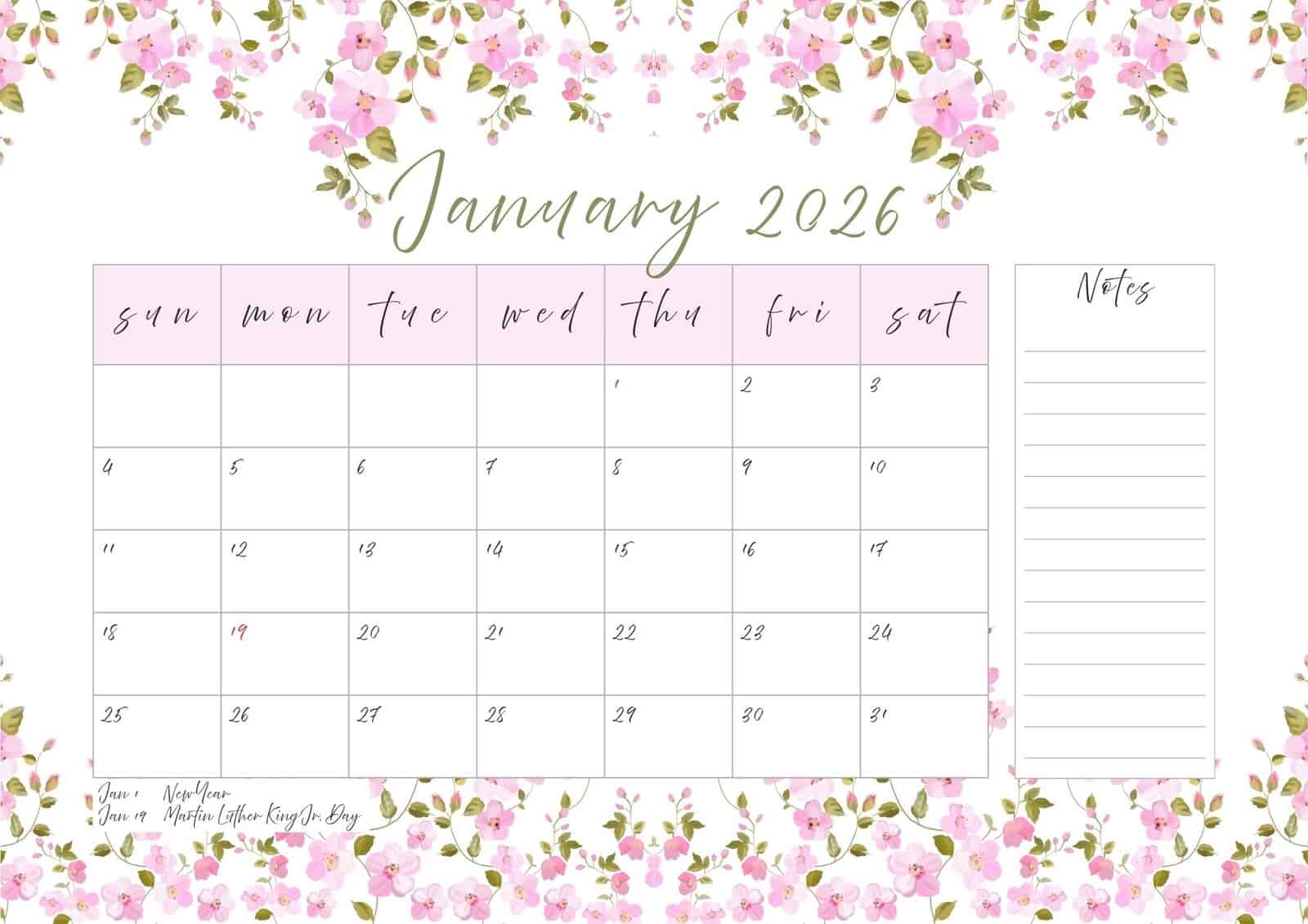 January 2026 printable calendar with notes and holidays.
