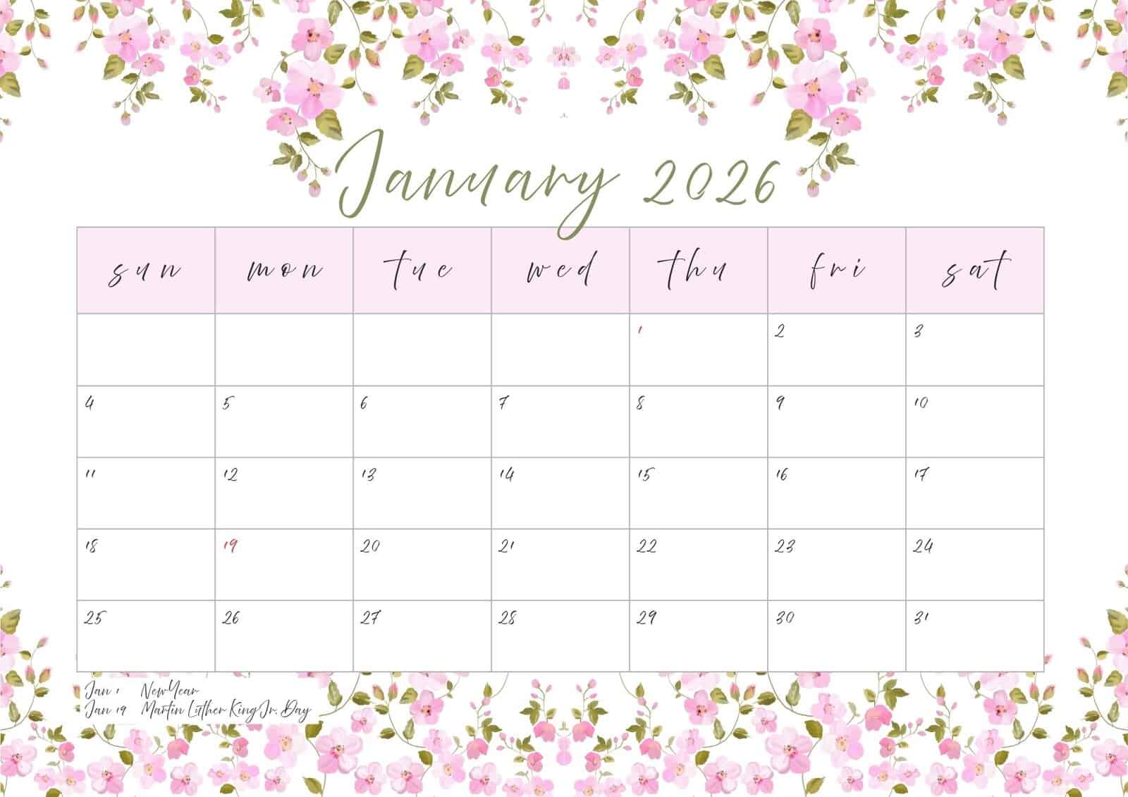 January 2026 printable calendar with holidays.