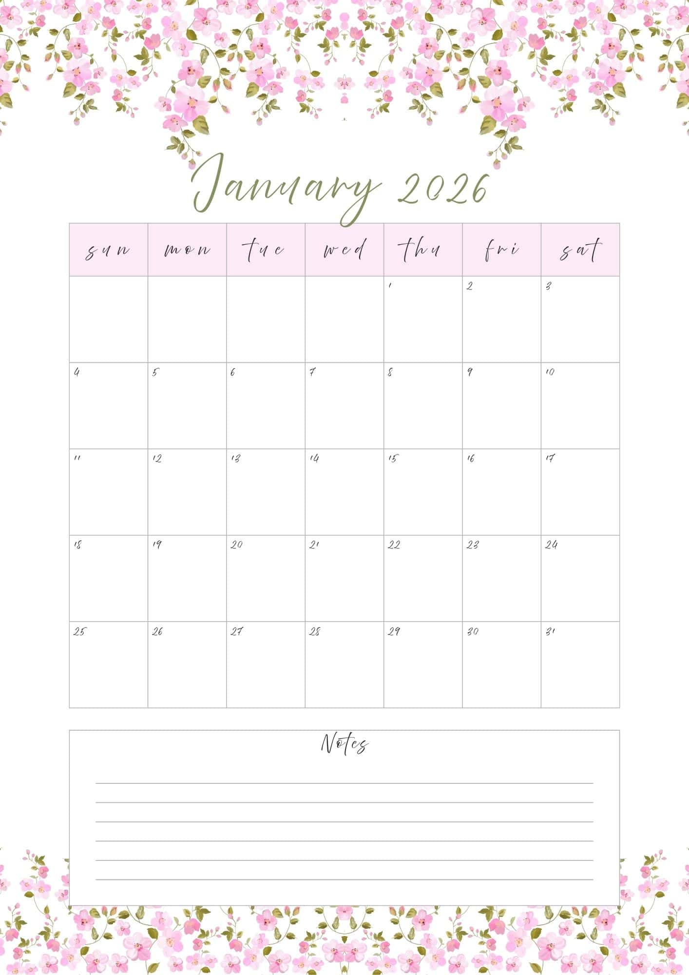 January 2026 printable calendar with notes.