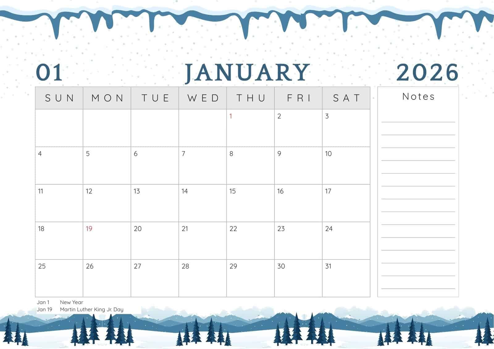 Sunday start January 2026 calendar with holidays and notes.
