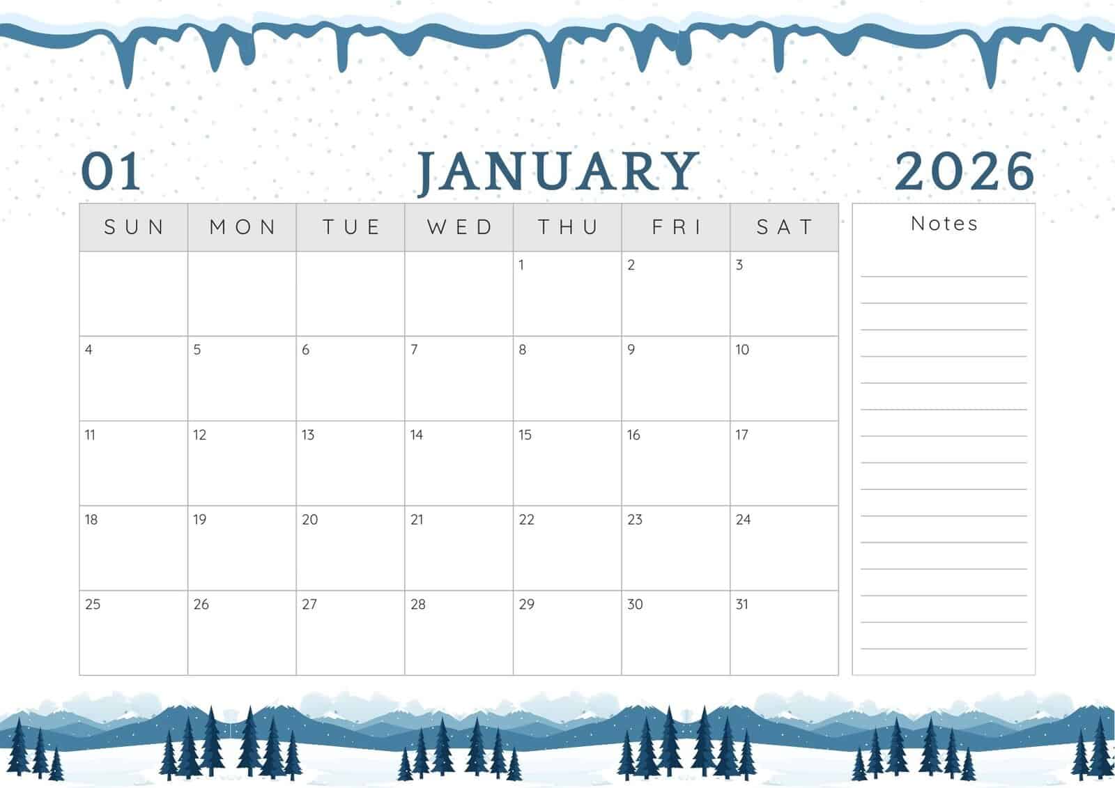 Sunday start January 2026 calendar with notes.