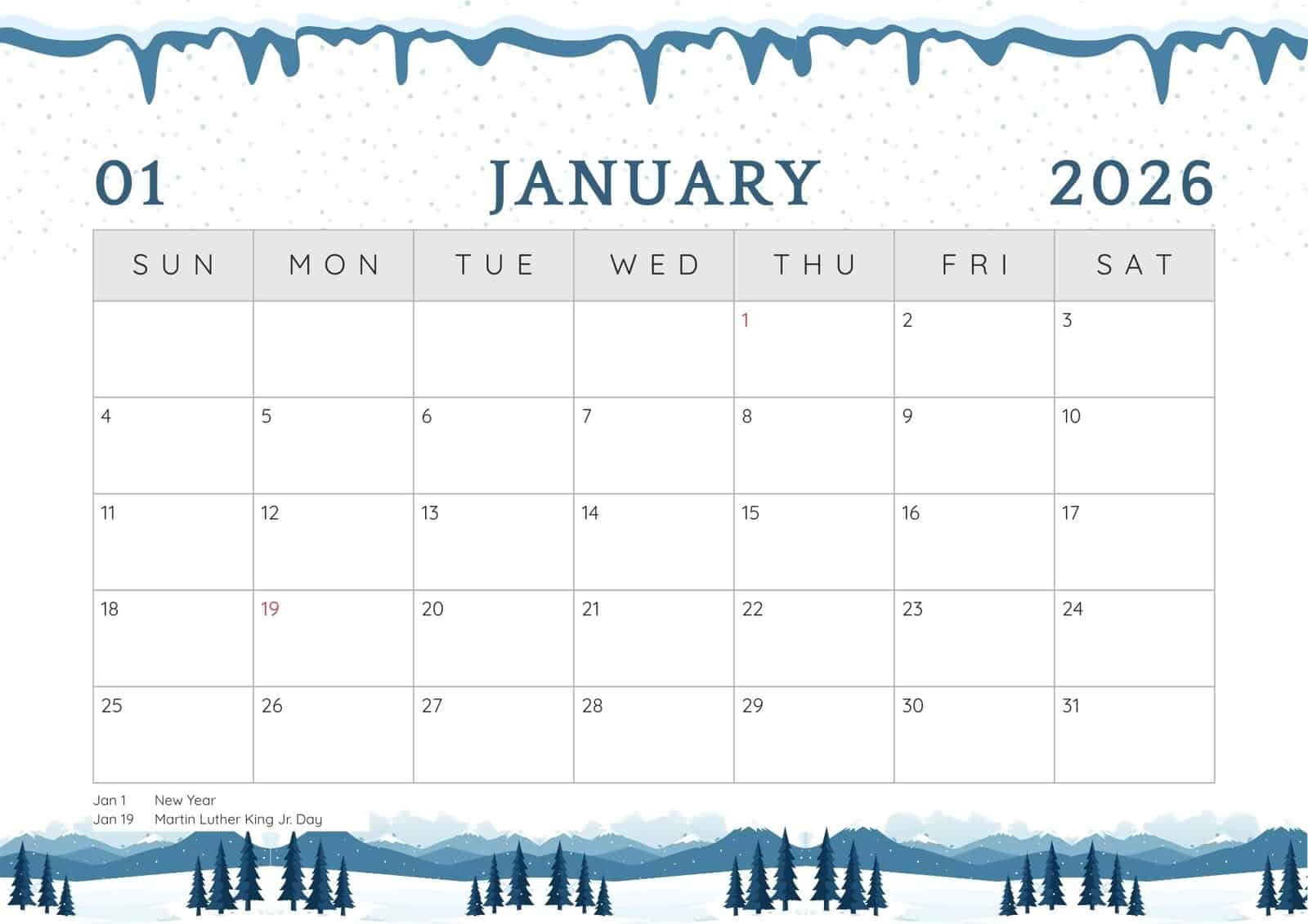 Sunday start January 2026 calendar with holidays.