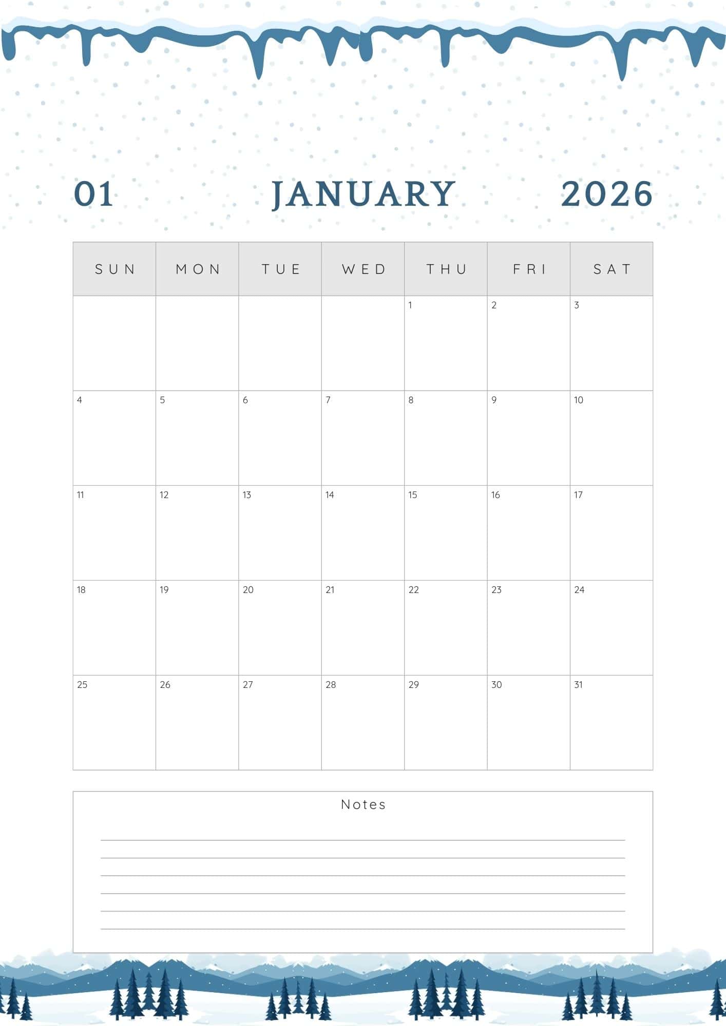 Sunday start January 2026 calendar with notes.