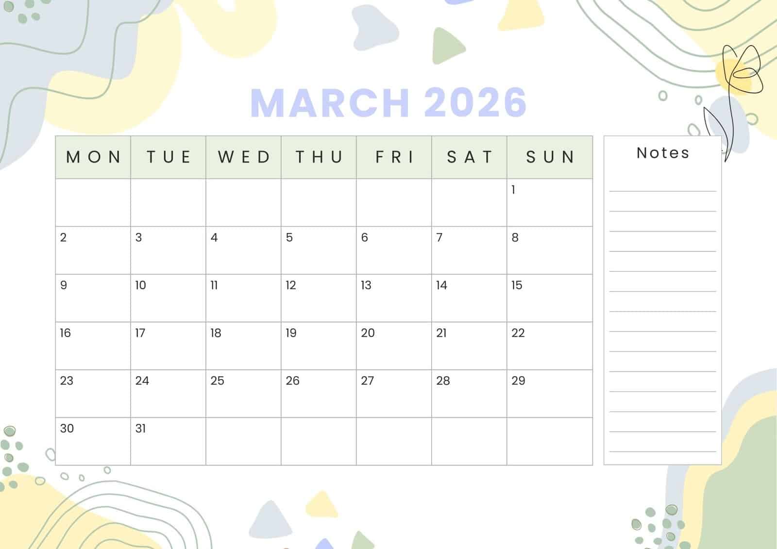 March 2026 Calendar in abstract design.
