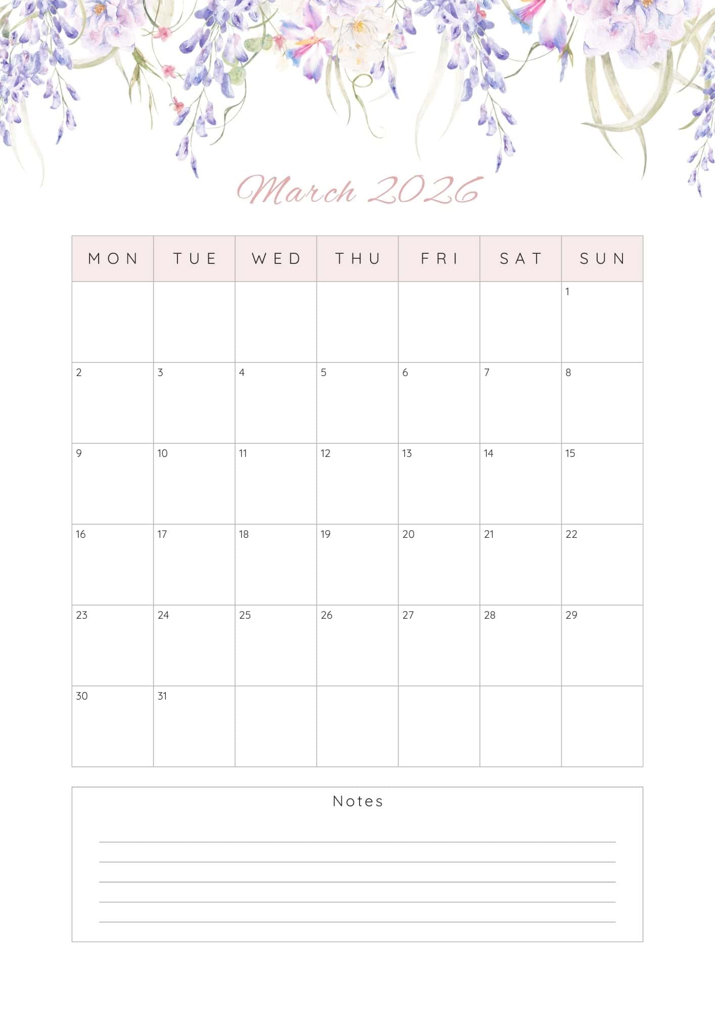 March 2026 Calendar with purple floral vines top border.