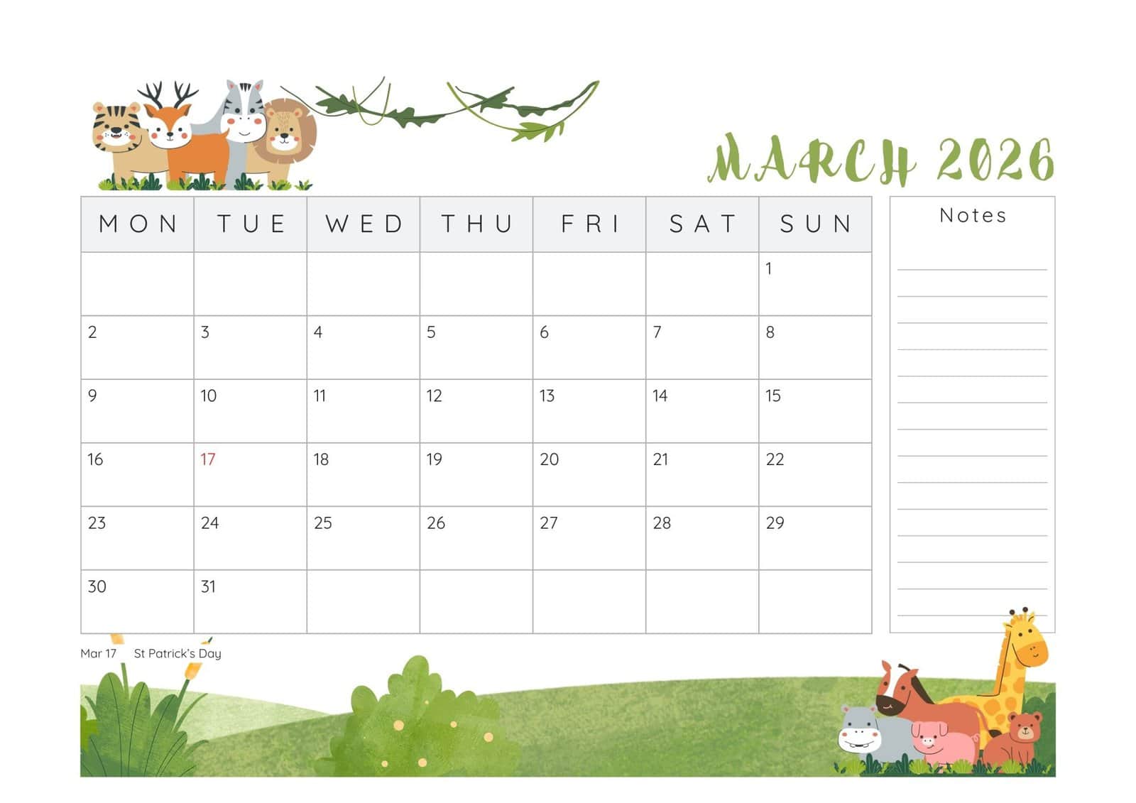 March 2026 Calendar with animals at the top and bottom border.
