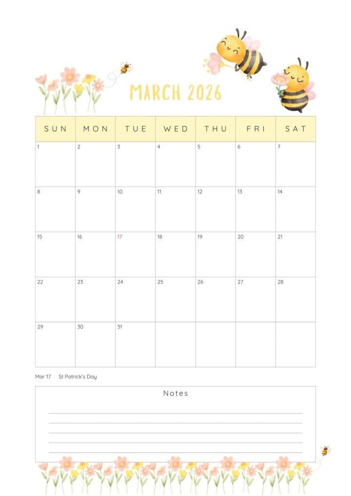 March 2026 calendar in portrait.
