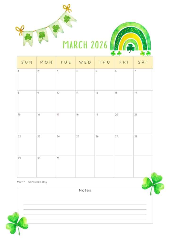 March 2026 calendar in portrait.