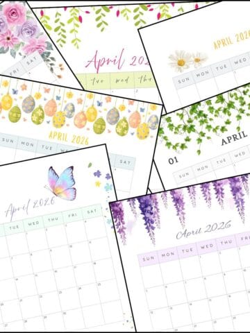 April 2026 printable calendars in various designs overlapped on one another.