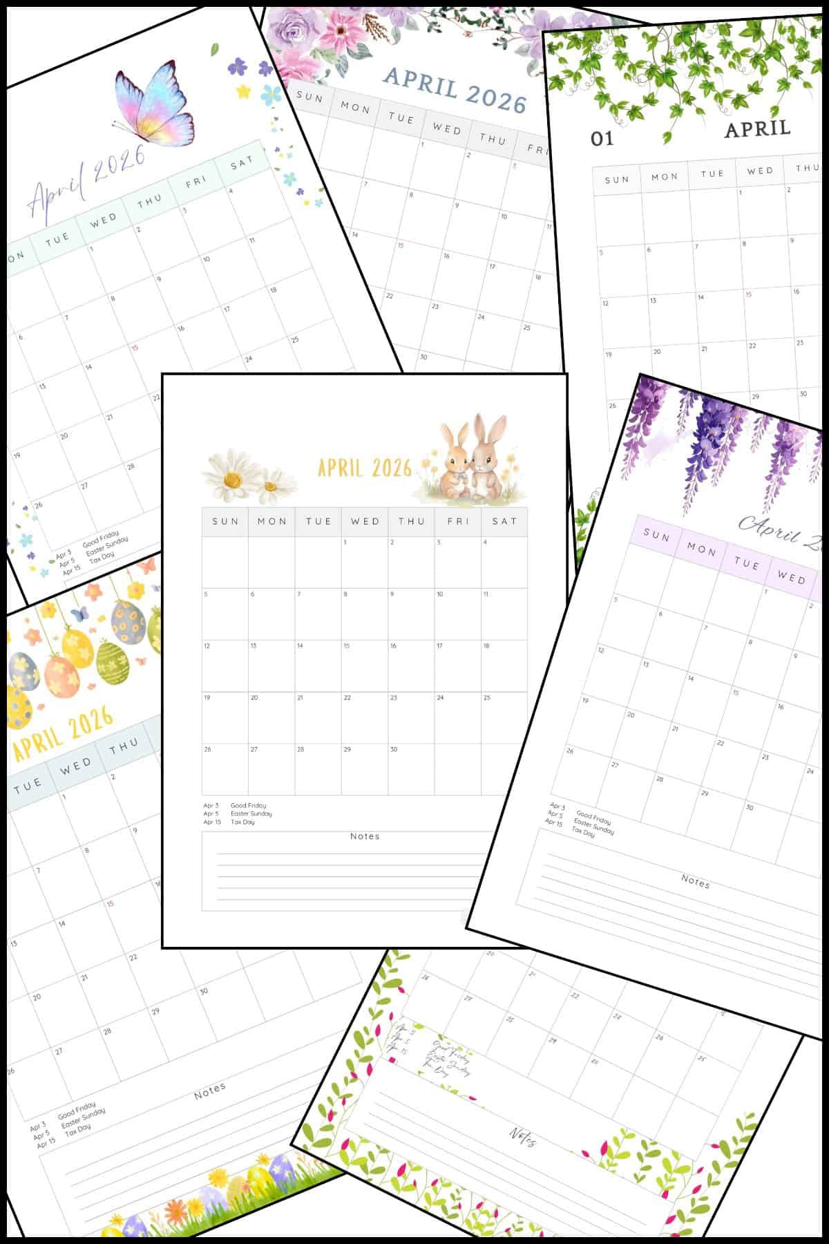 April 2026 printable calendars in various designs overlapped on one another.