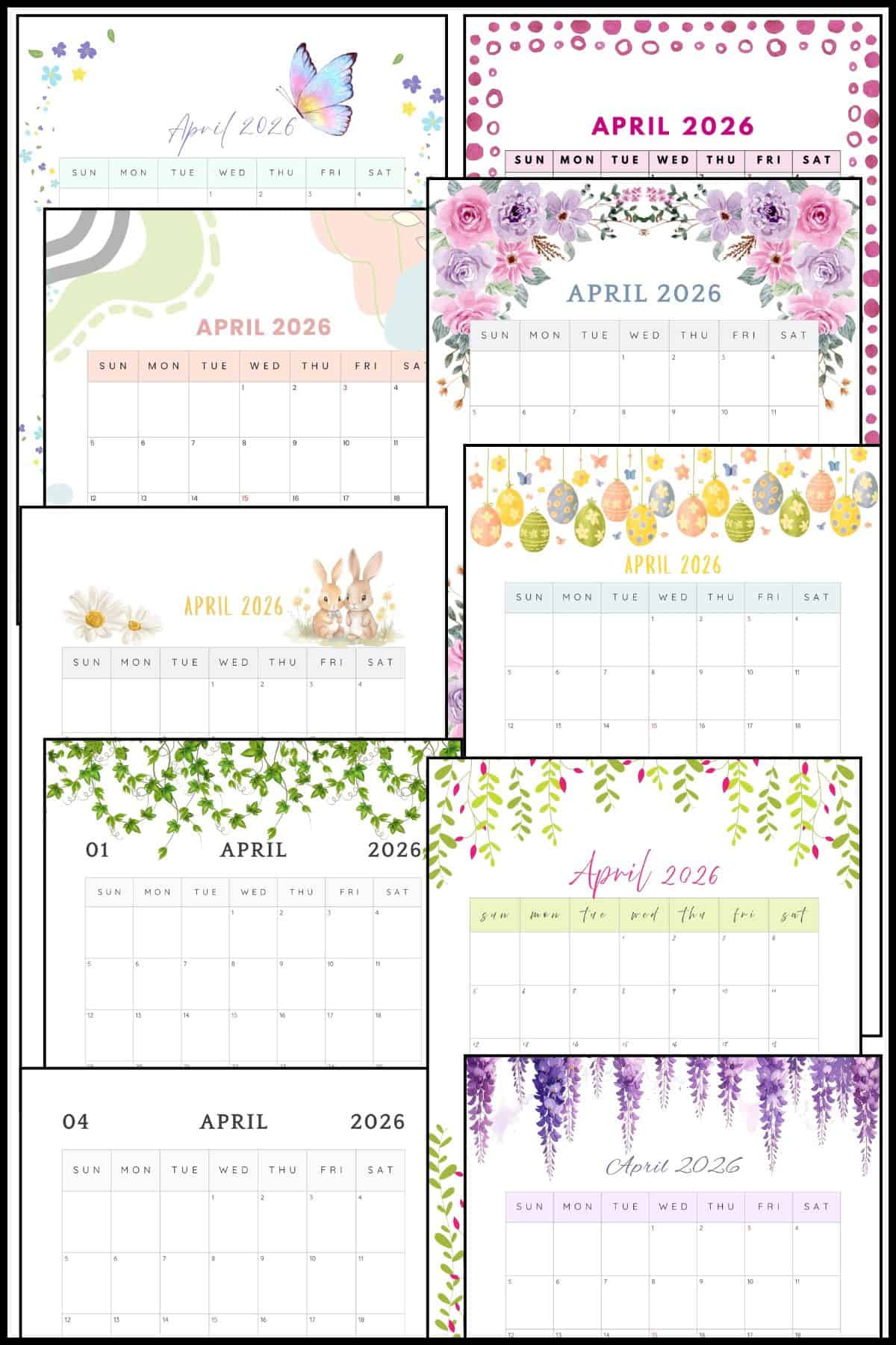 April 2026 printable calendars in various designs overlapped on one another.