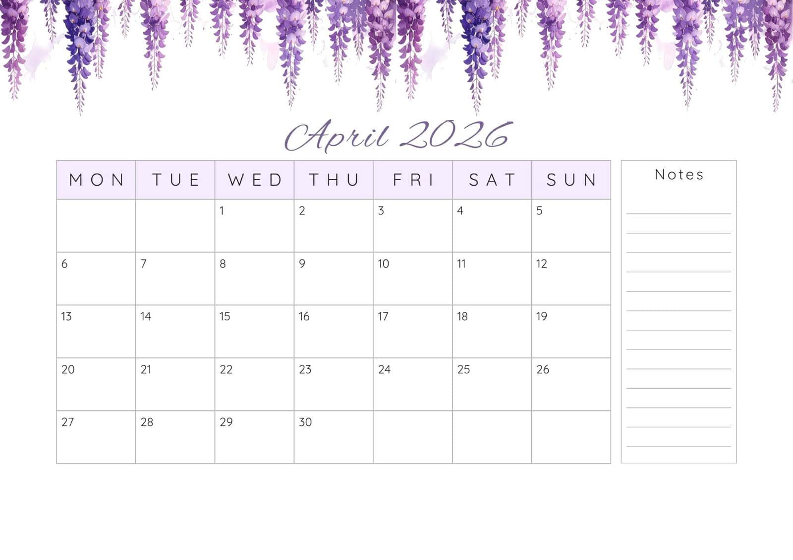 April 2026 calendar with purple floral vines top border.