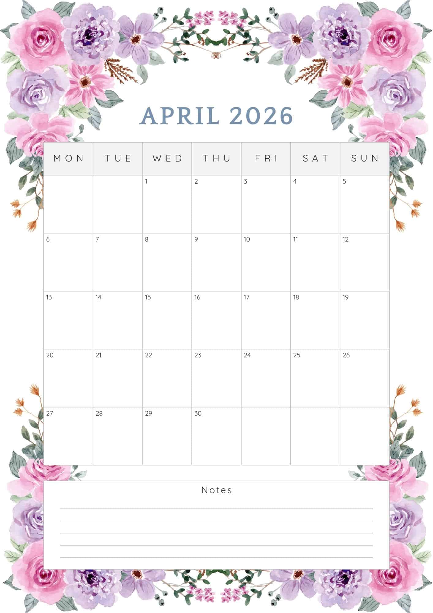 April 2026 calendar with pink and purple roses corner border.