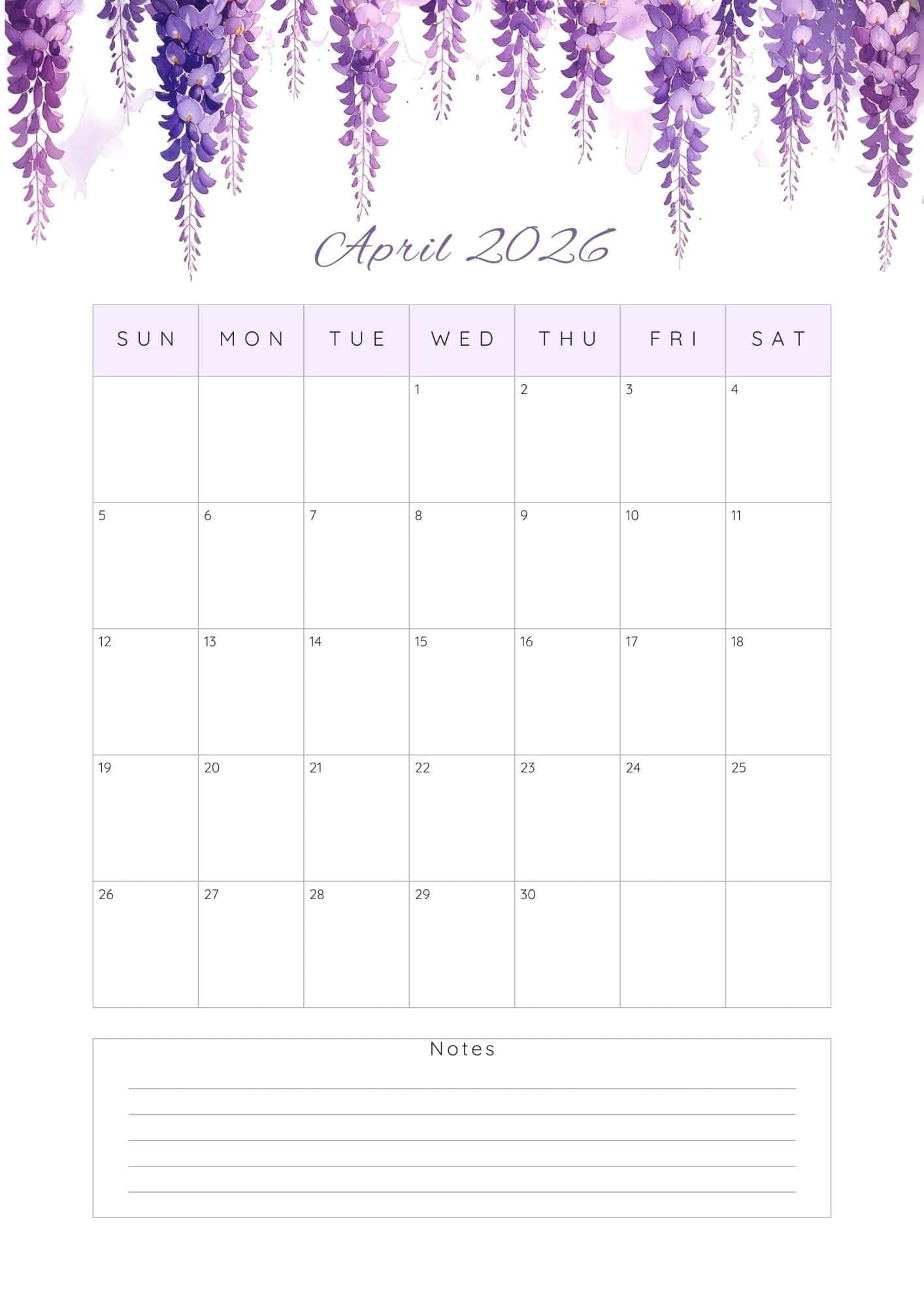 April 2026 calendar with purple floral vines top border.