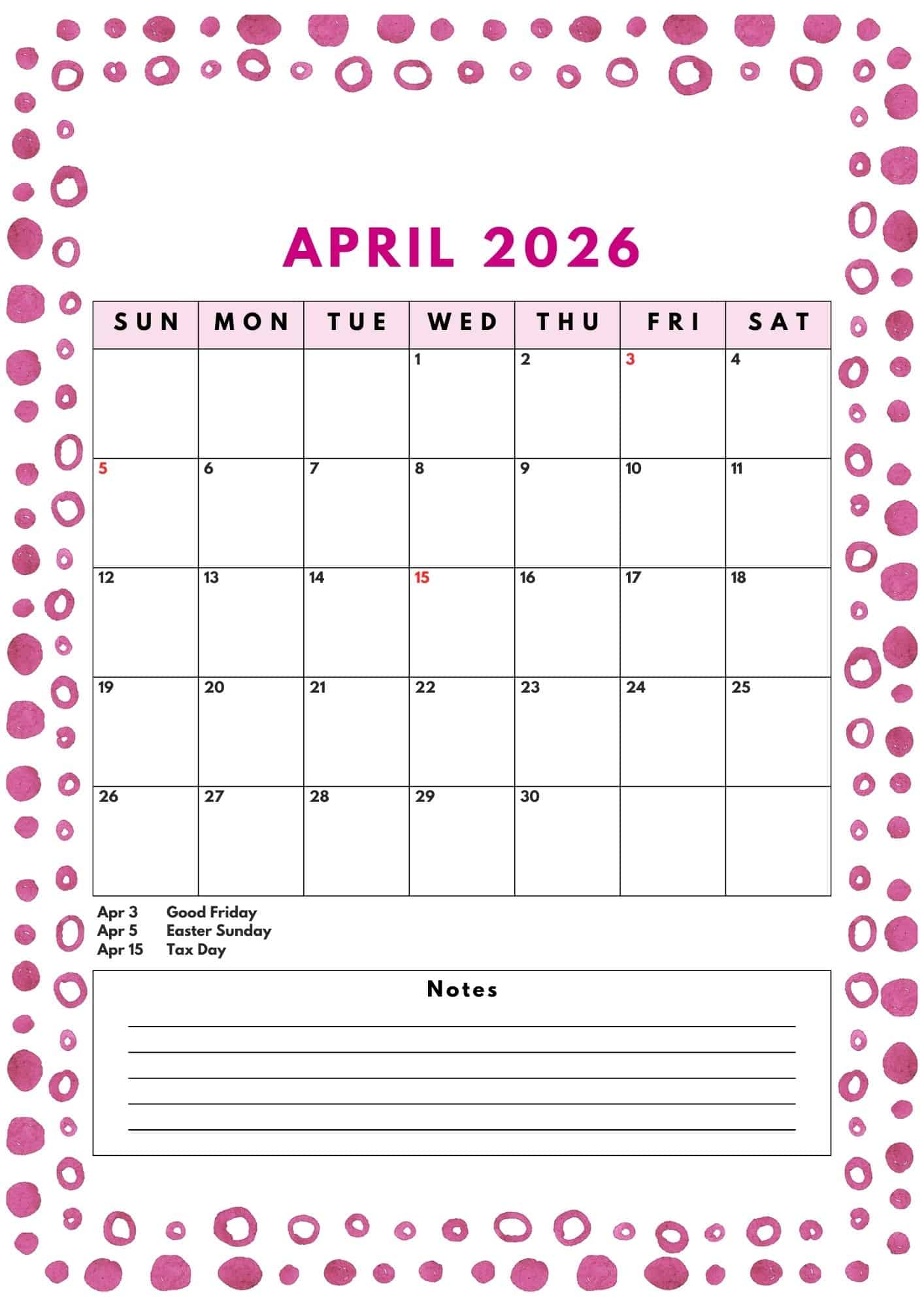 Monthly April calendar with uneven circles and round dots in purple as the border.