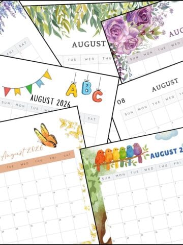 August 2026 printable calendar templates overlapping one another.