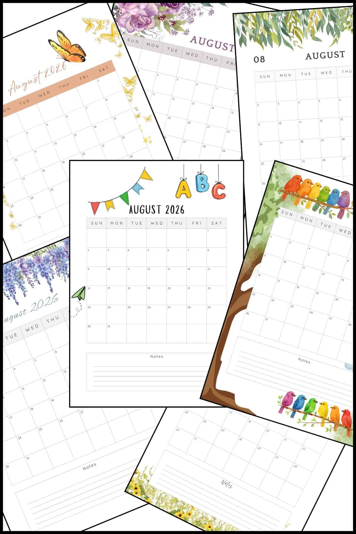August 2026 printable calendar templates overlapping one another.