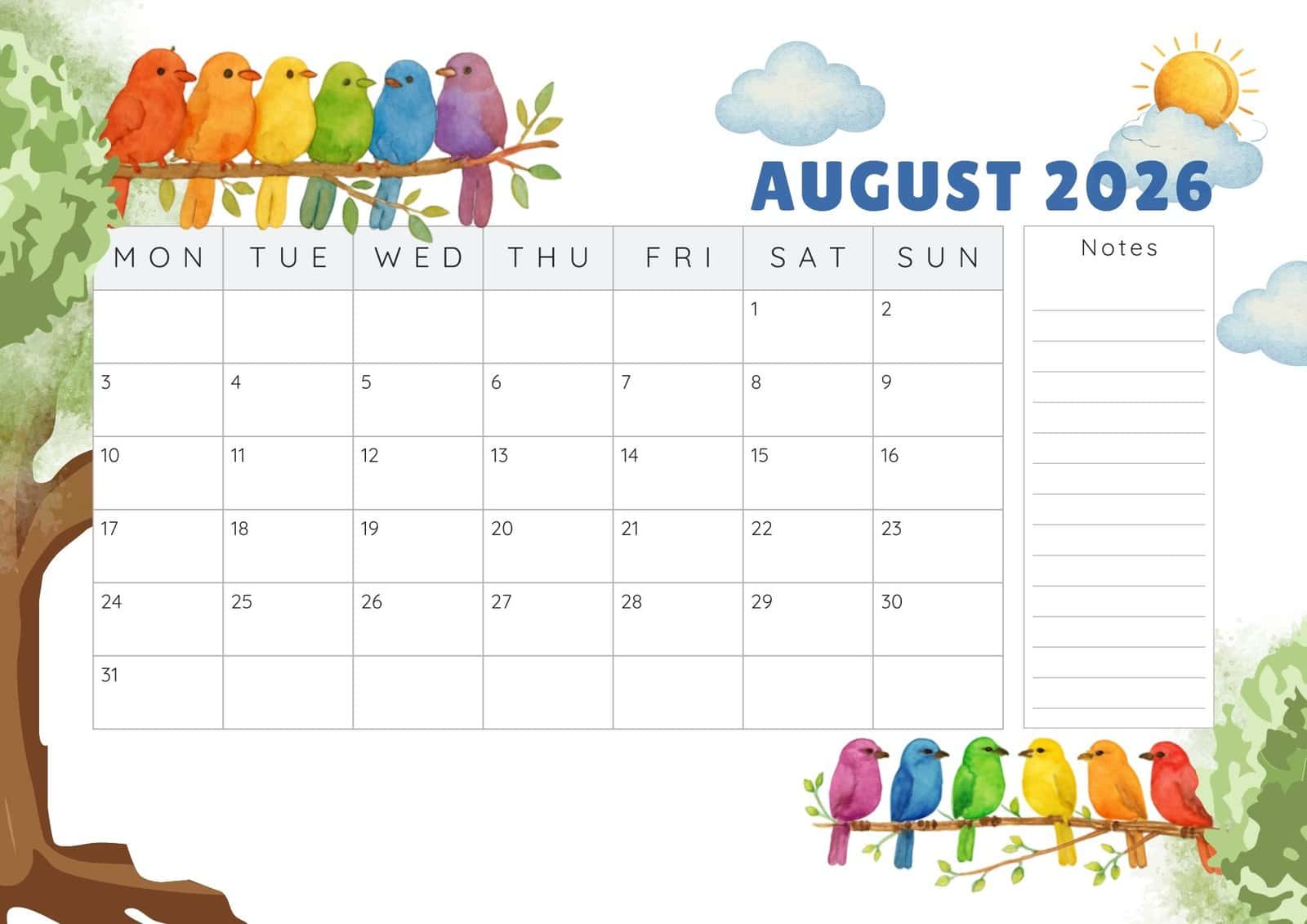 August 2026 calendar with colorful birds on a tree design.
