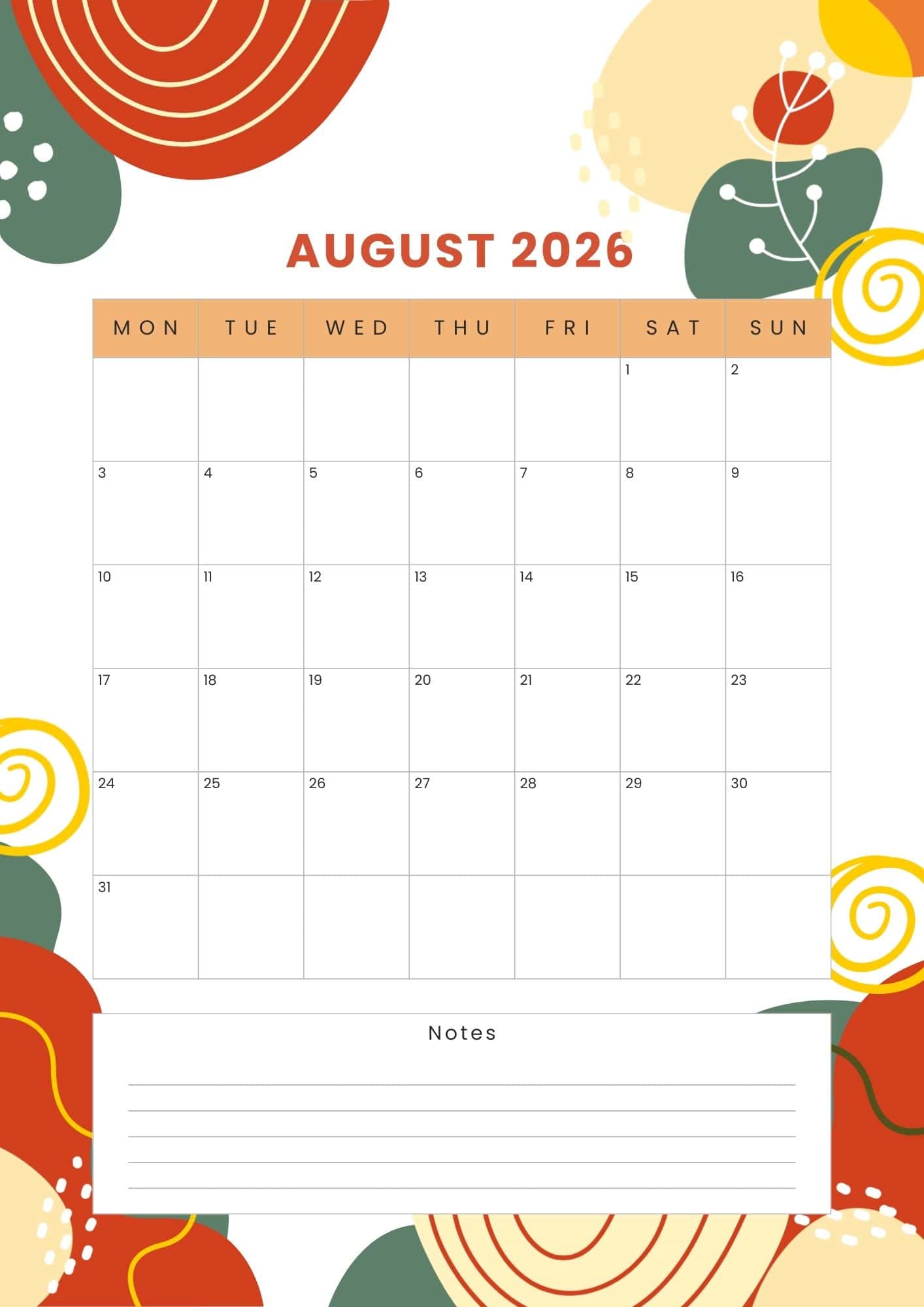August 2026 calendar in abstract designs on lines, dots and random shapes.