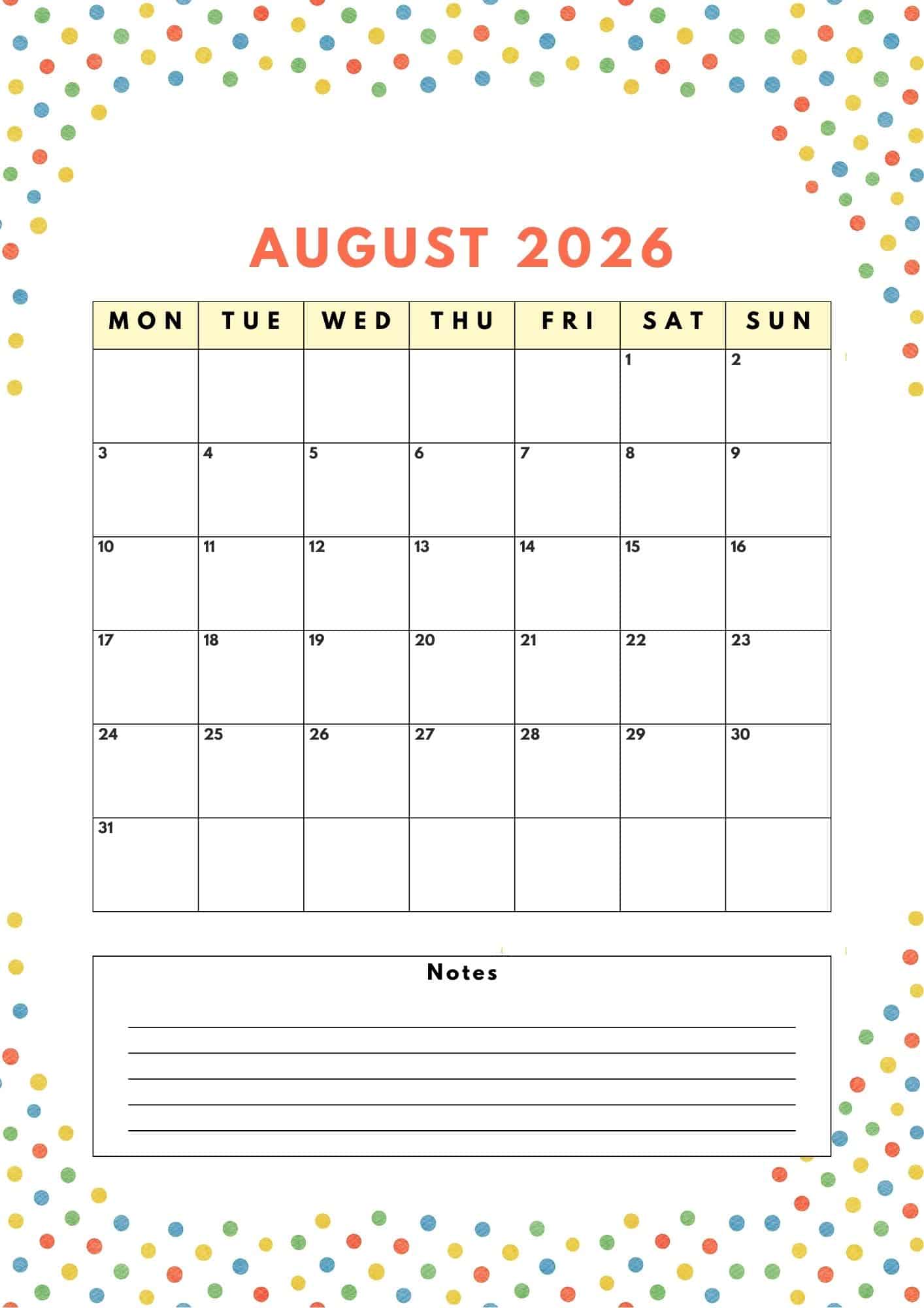 August monthly calendar with colorful polka dots background design.