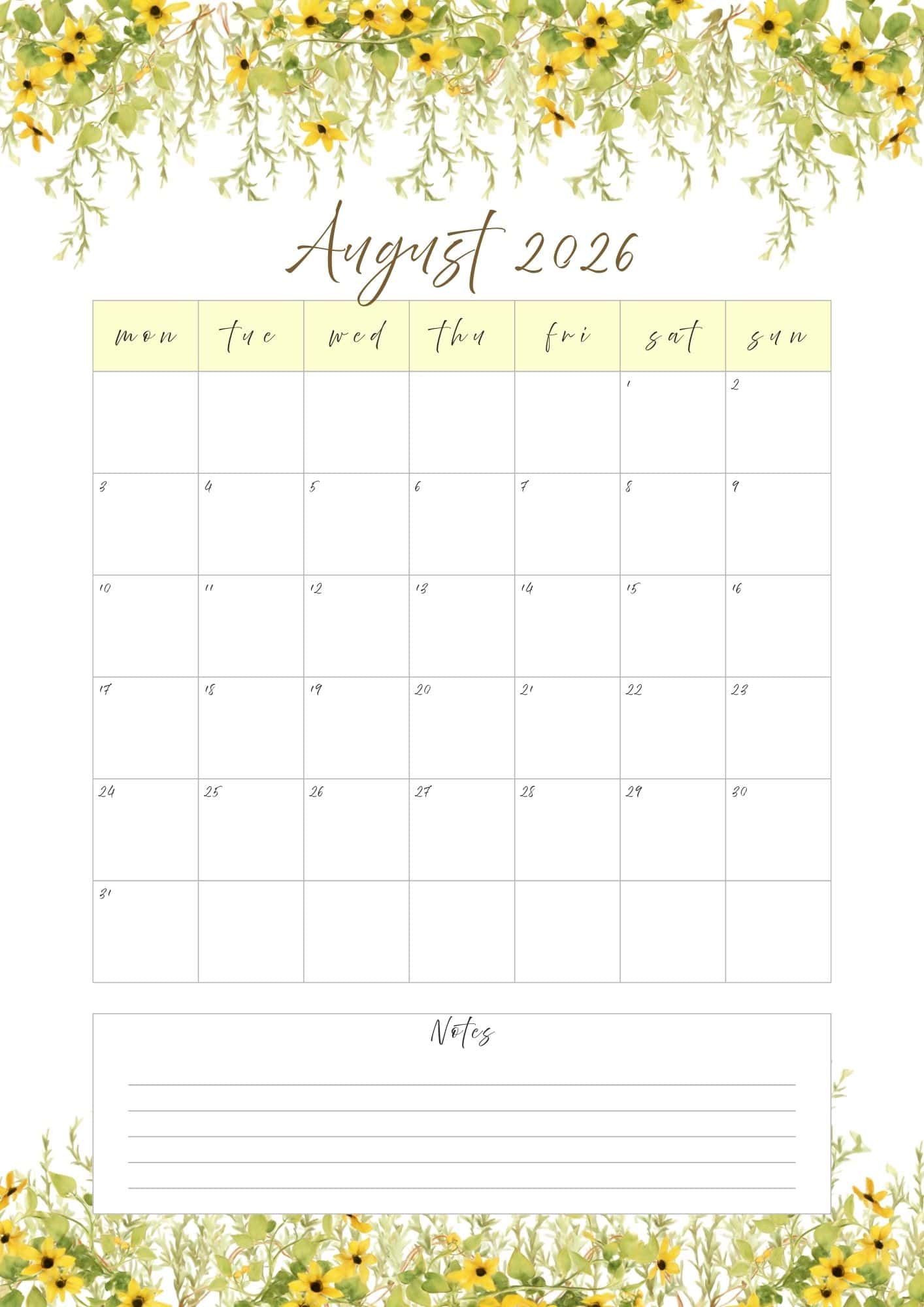 August calendar with top and bottom yellow floral vines border.
