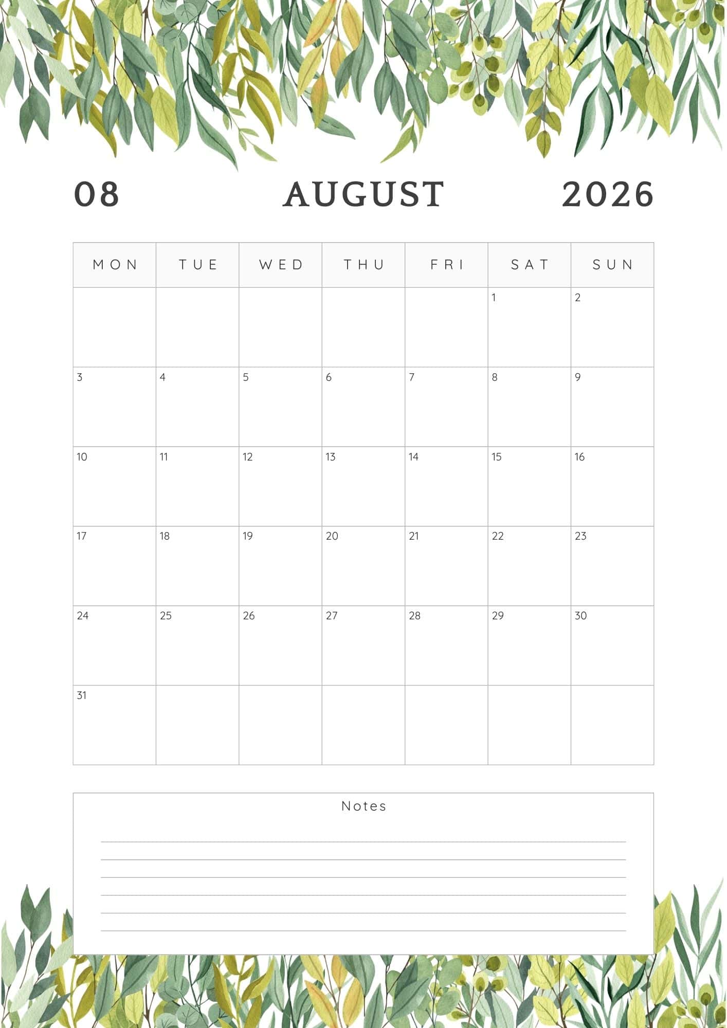 August 2026 calendar with top and bottom border of leaves.