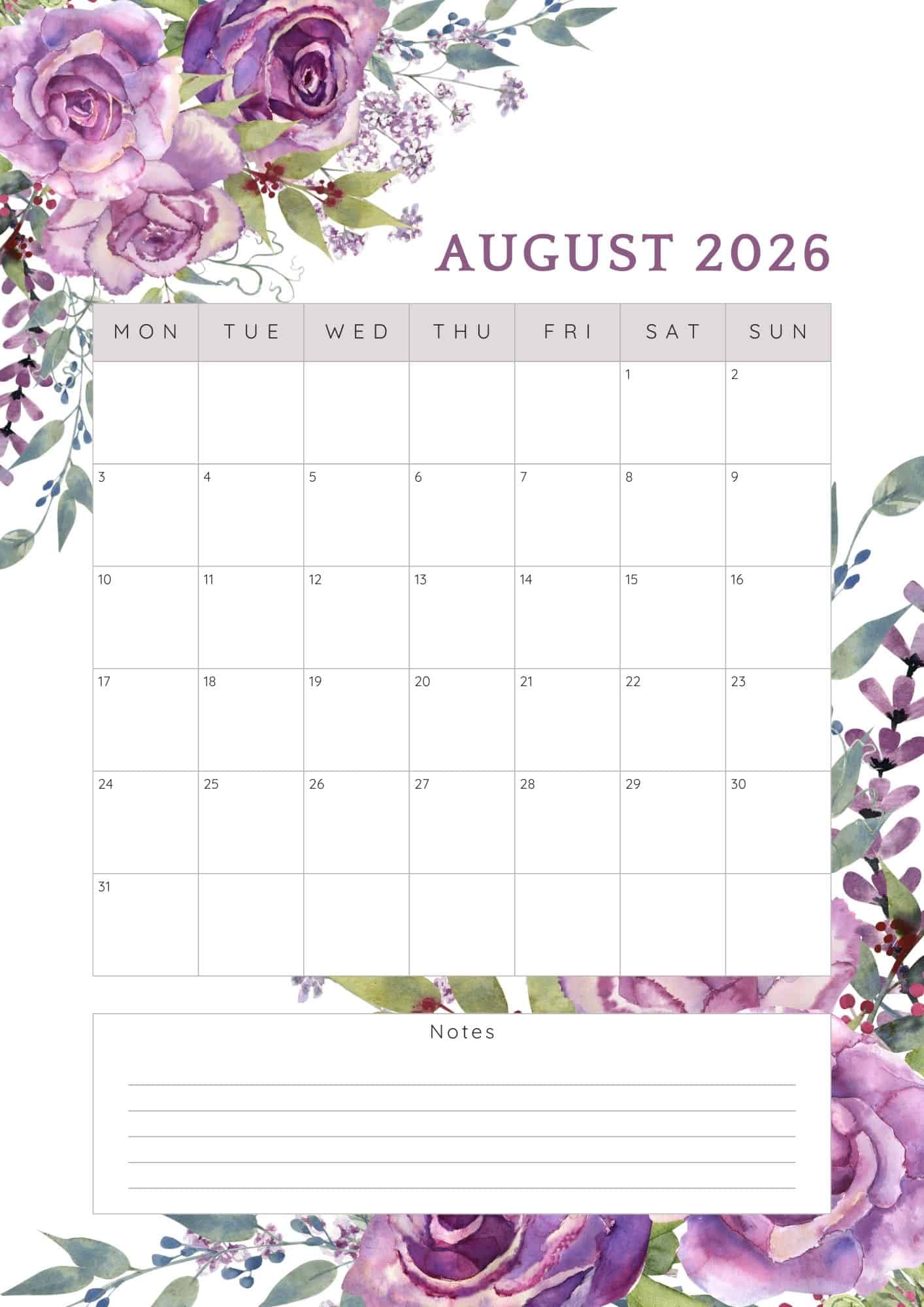 August 2026 calendar with purples roses corner border.