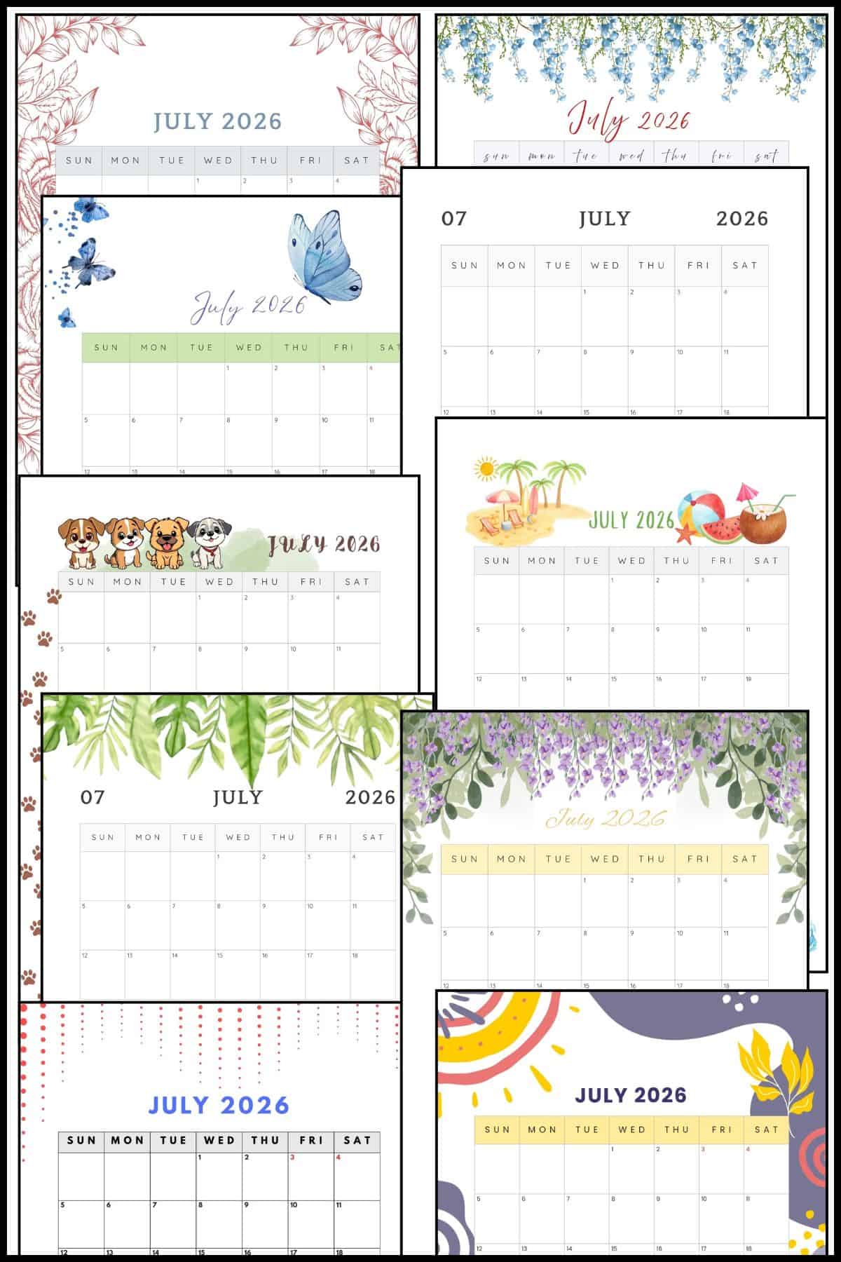 July 2026 monthly calendars overlapping on one another.