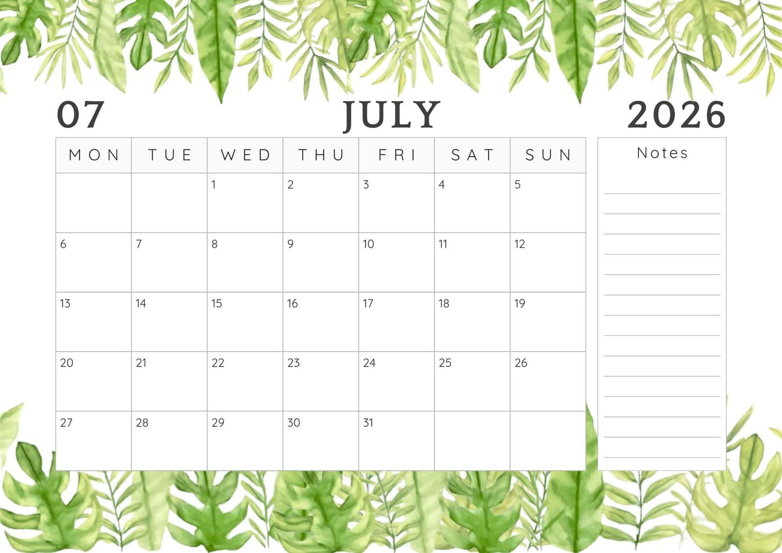 July 2026 calendar with top and bottom leaves border.