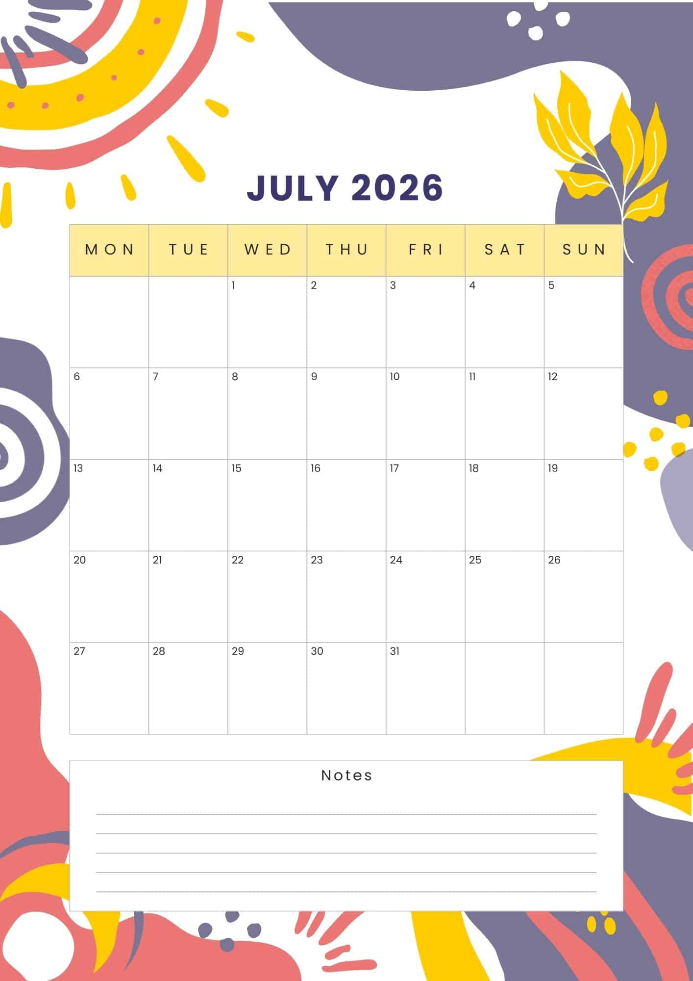 July calendar in abstract design of lines, dots and shapes in blue, red and yellow.
