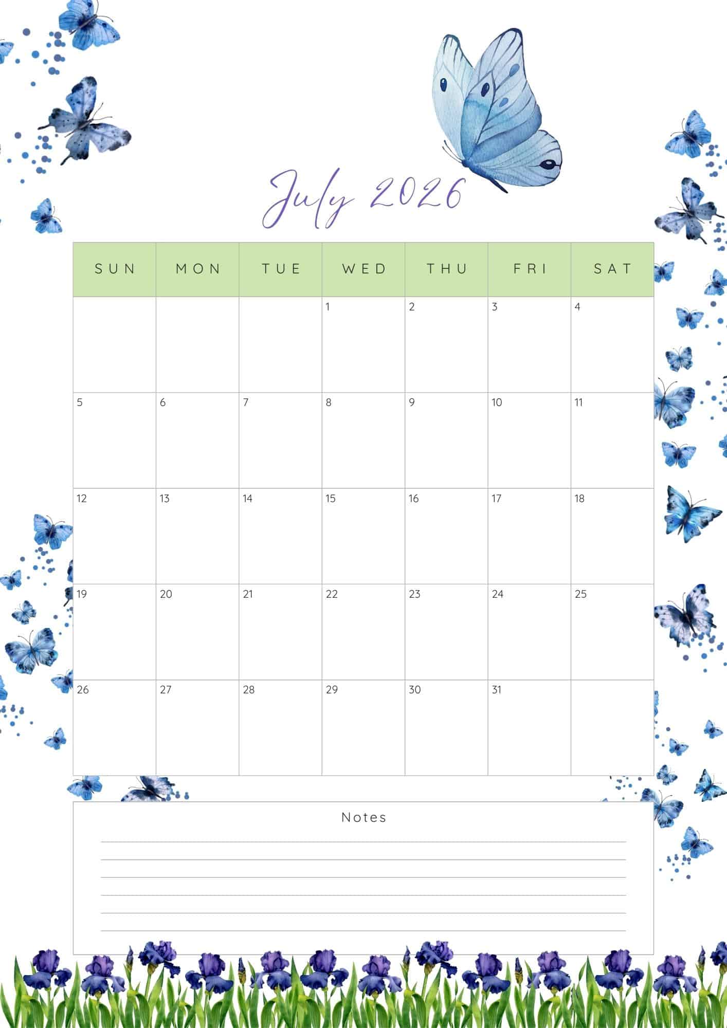 July 2026 calendar with blue butterflies and tulips design.