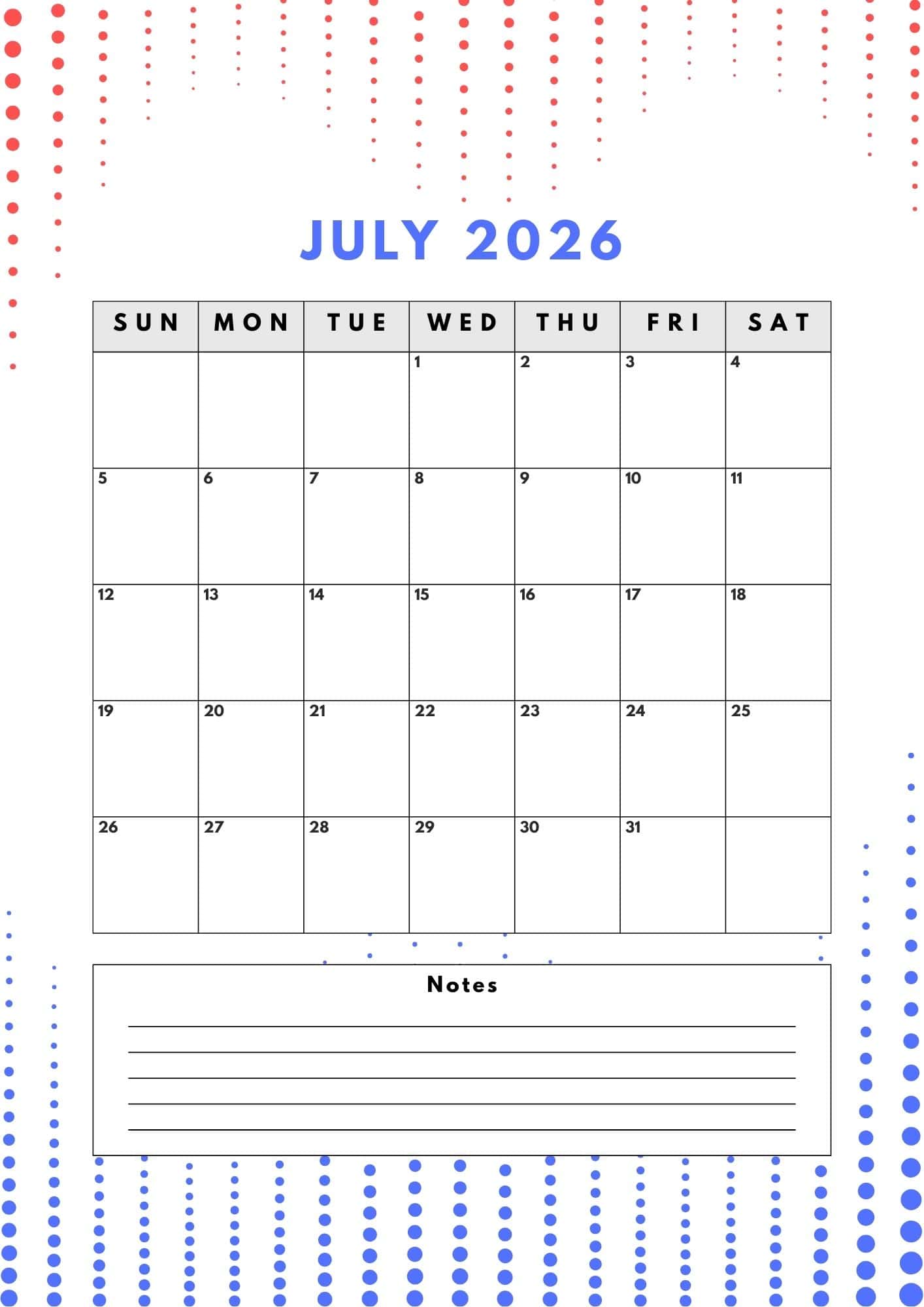 July 2026 calendar with dots in red and blue as the background.