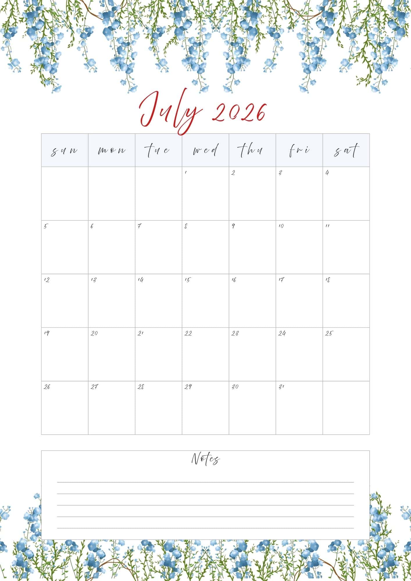 July calendar with blue floral top and bottom border.