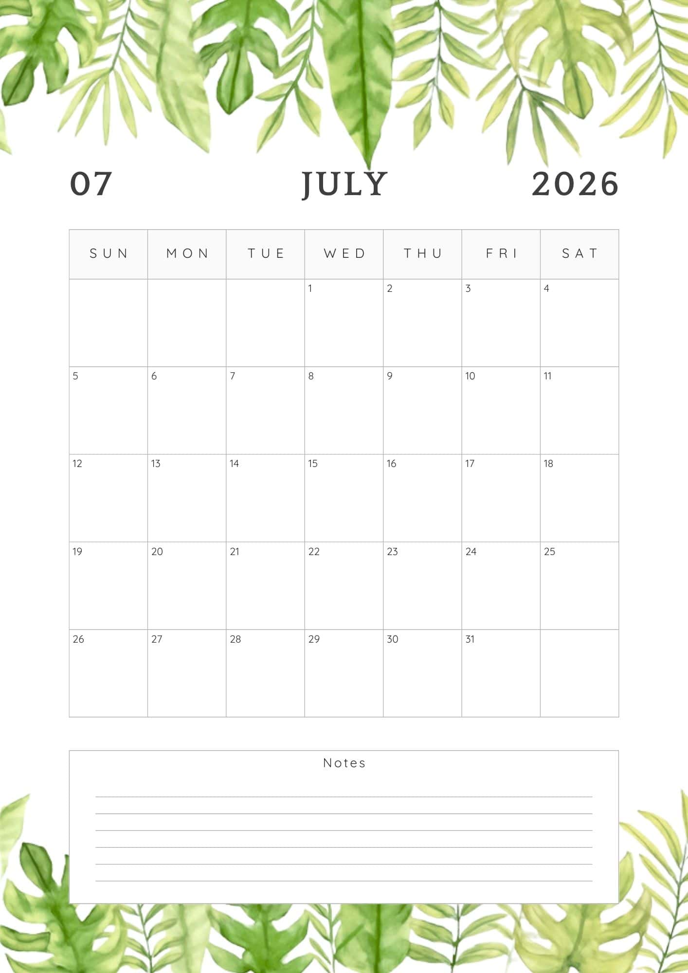 July 2026 calendar with top and bottom leaves border.