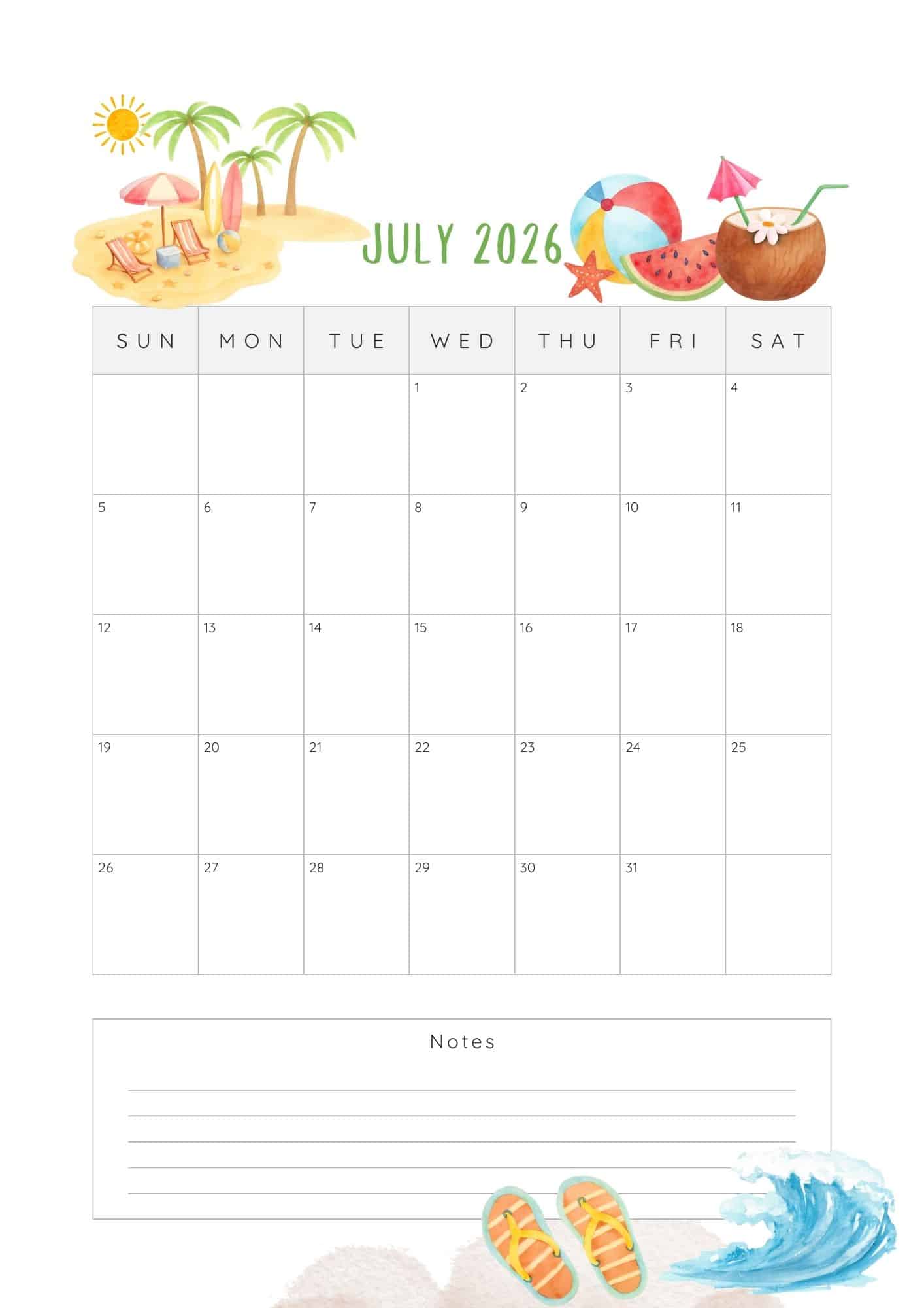 July 2026 calendar printable in summer vacation theme.