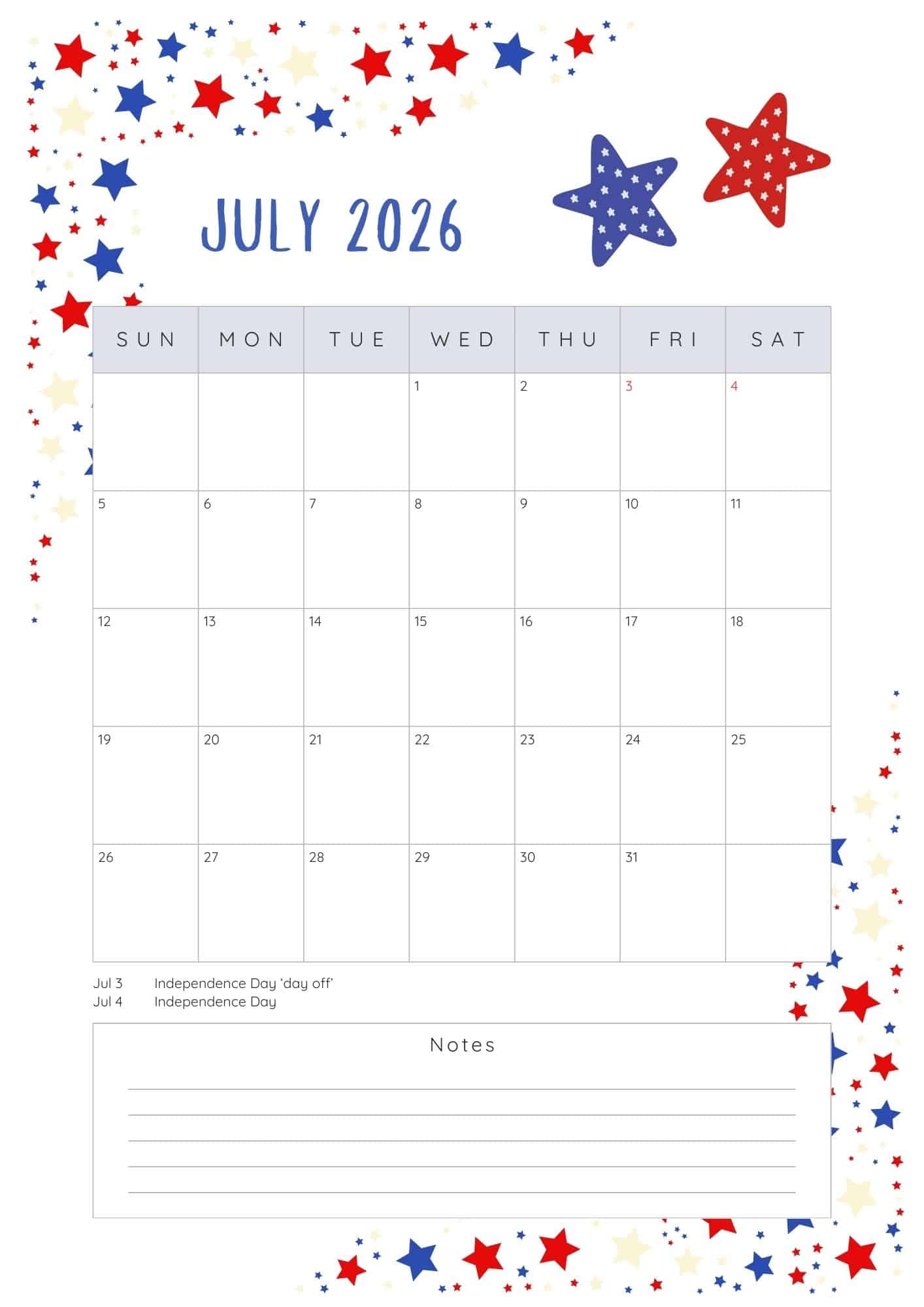 July 2026 calendar with red and blue stars design.