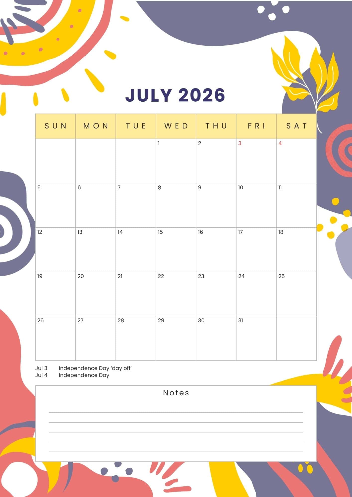 July calendar in abstract design of lines, dots and shapes in blue, red and yellow.