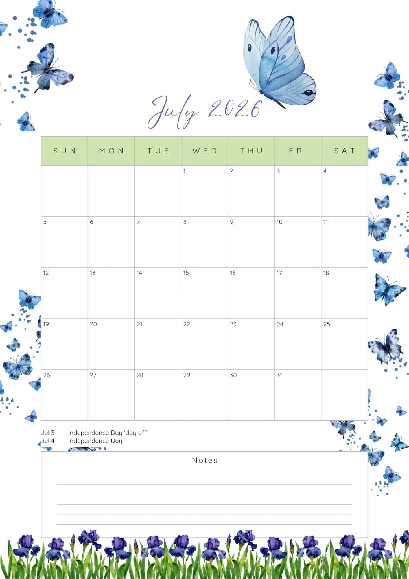 July 2026 calendar with blue butterflies and tulips design.