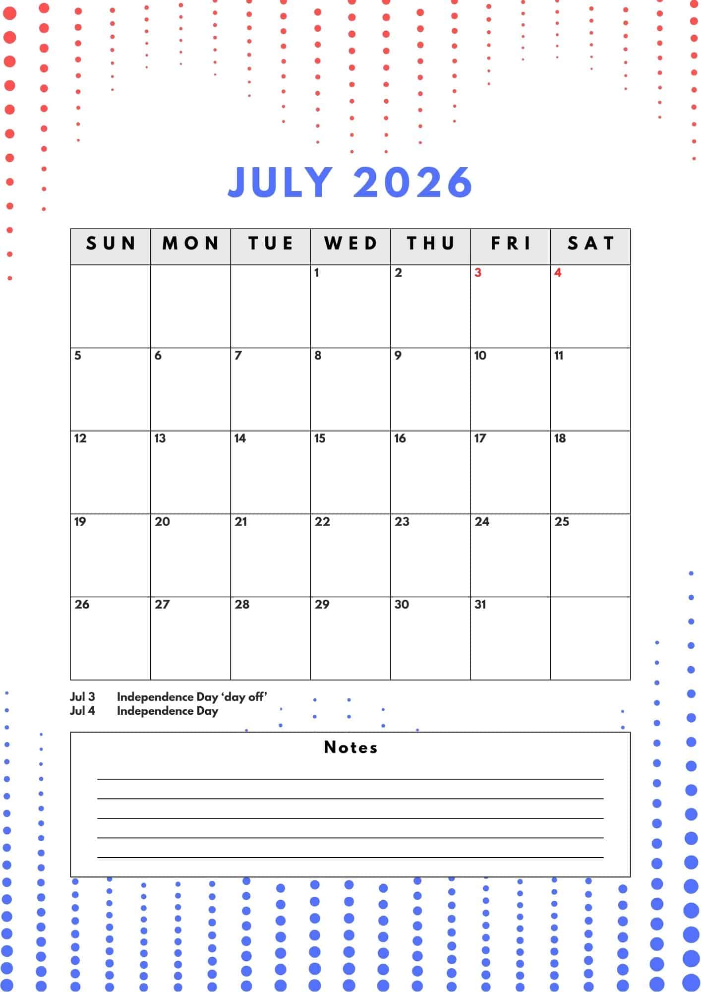 July 2026 calendar with dots in red and blue as the background.