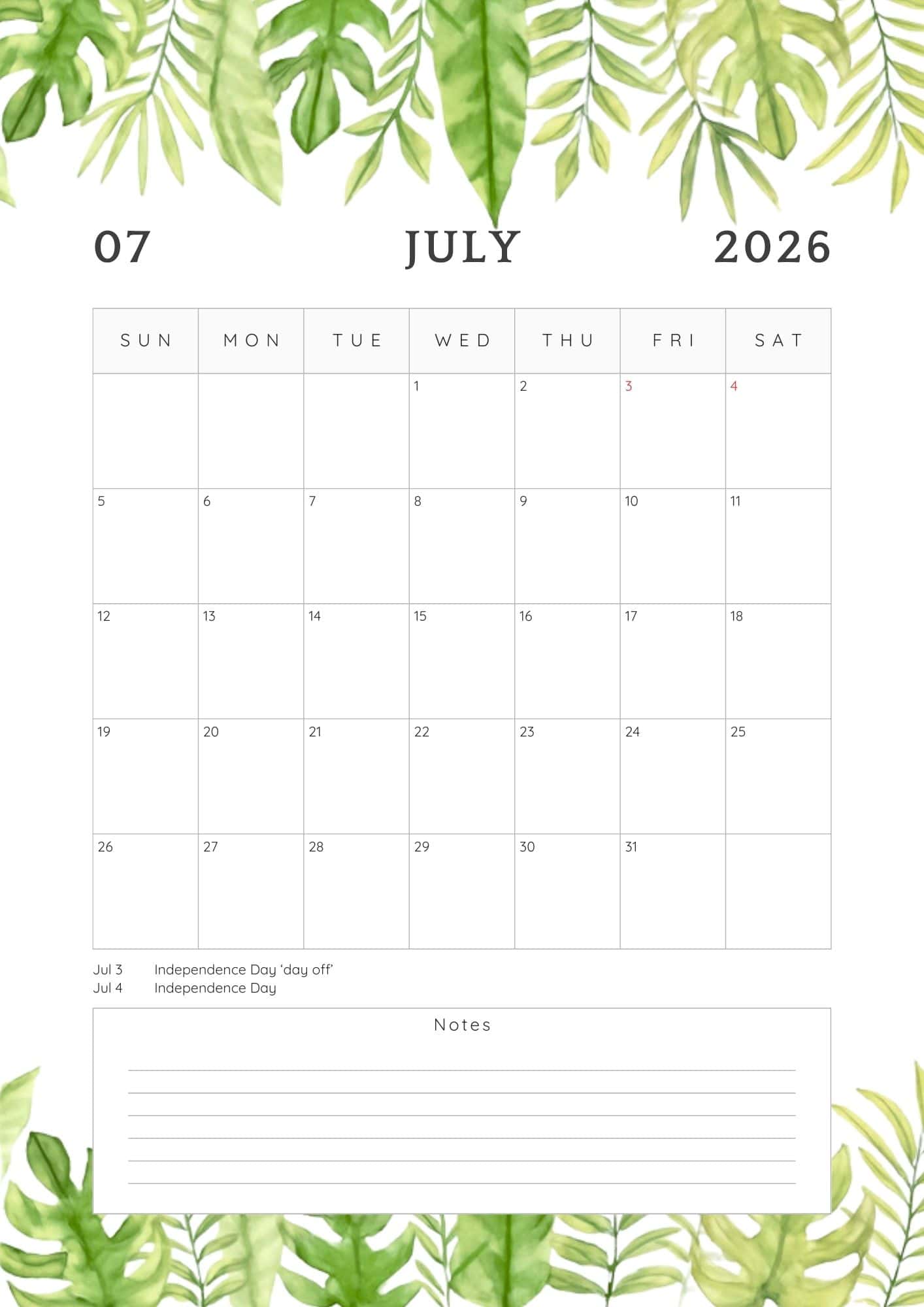 July 2026 calendar with top and bottom leaves border.