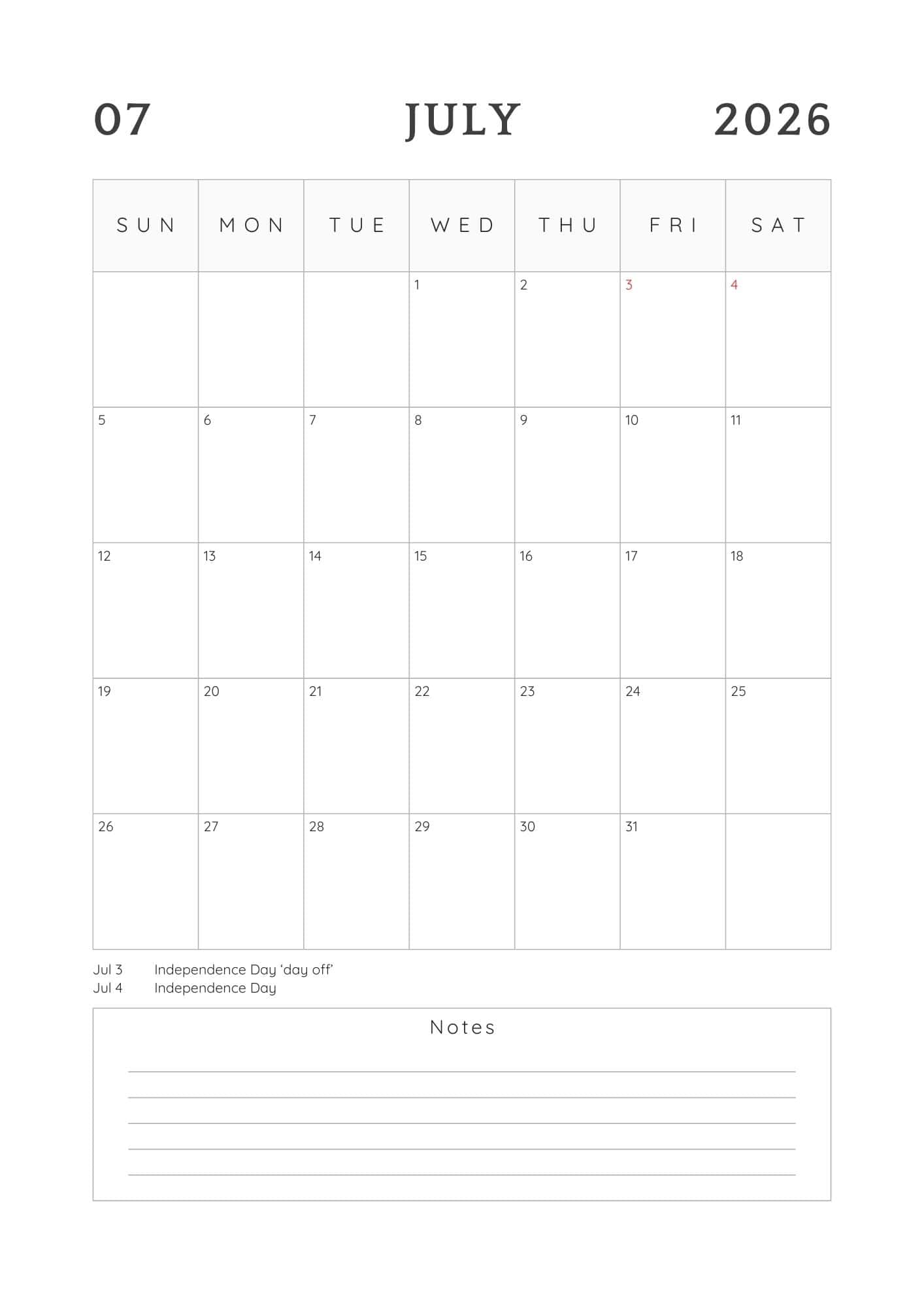 July calendar in black and white without any design.