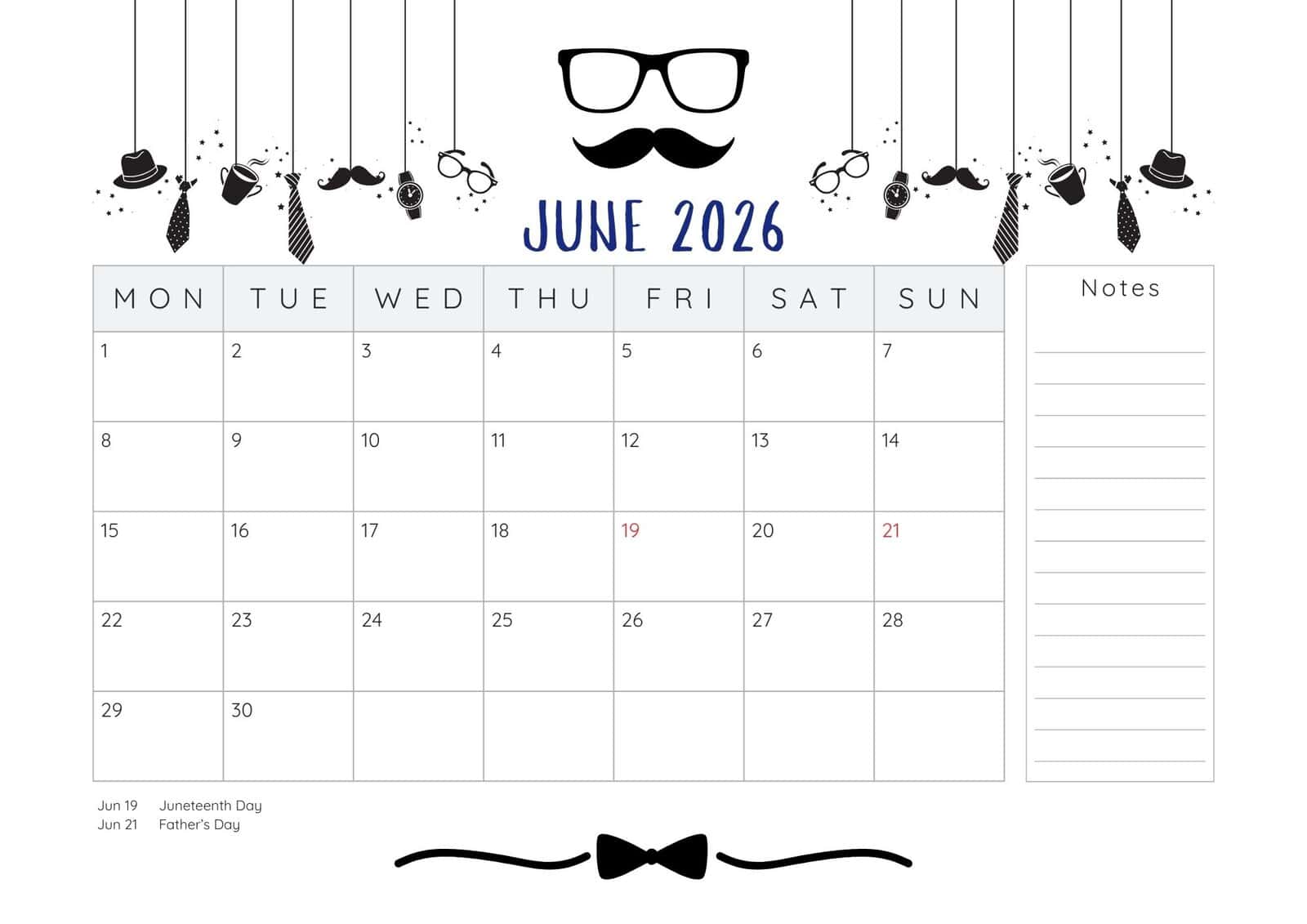 June 2026 calendar with Father's day theme in black and white.