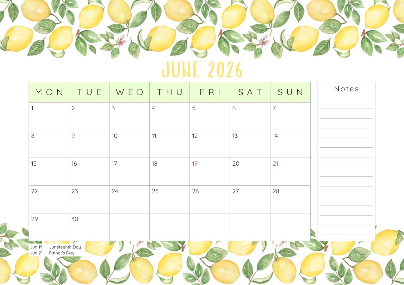 June 2026 calendar with top and bottom lemons border.