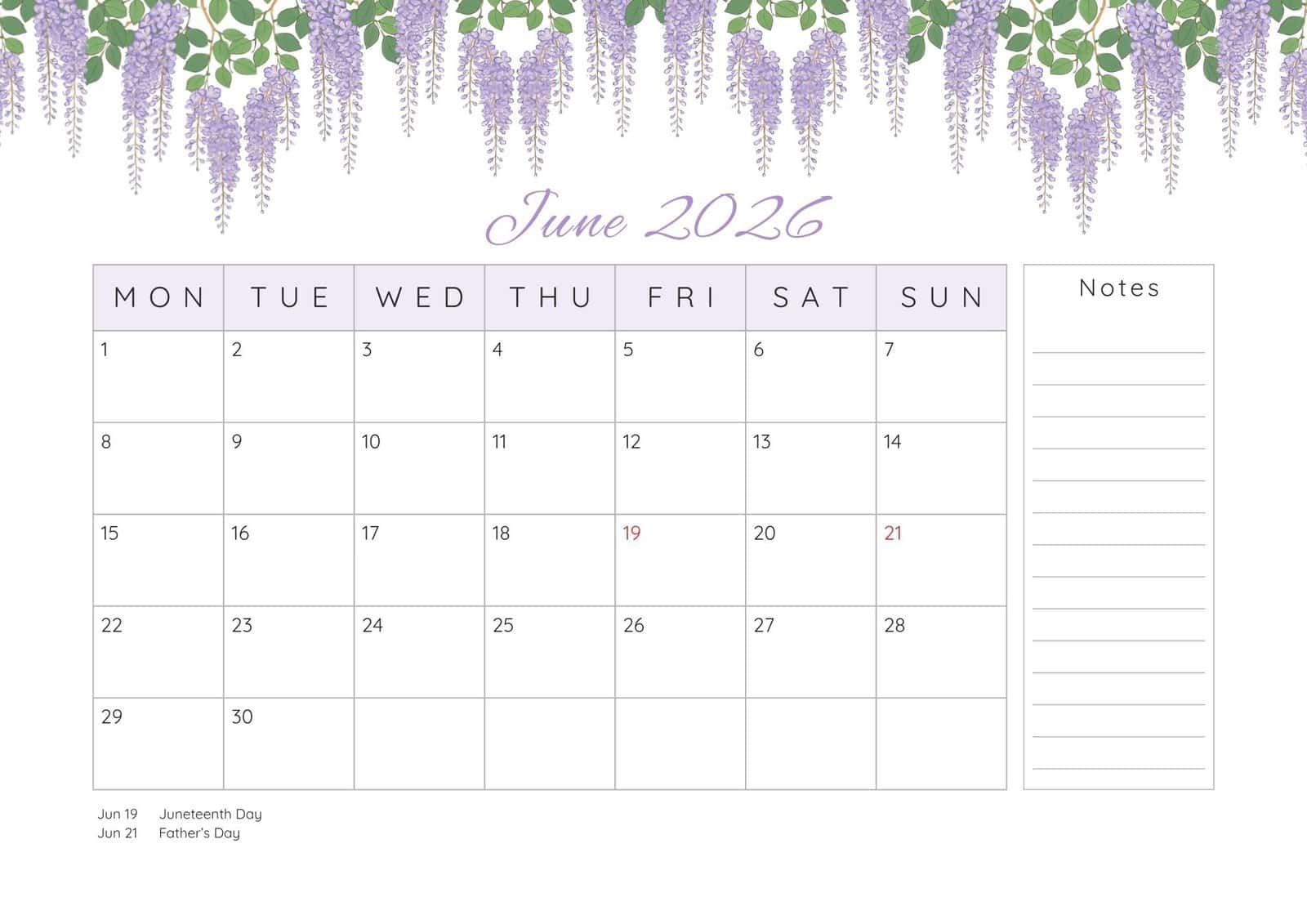 June 2026 printable calendar with purple floral top border.